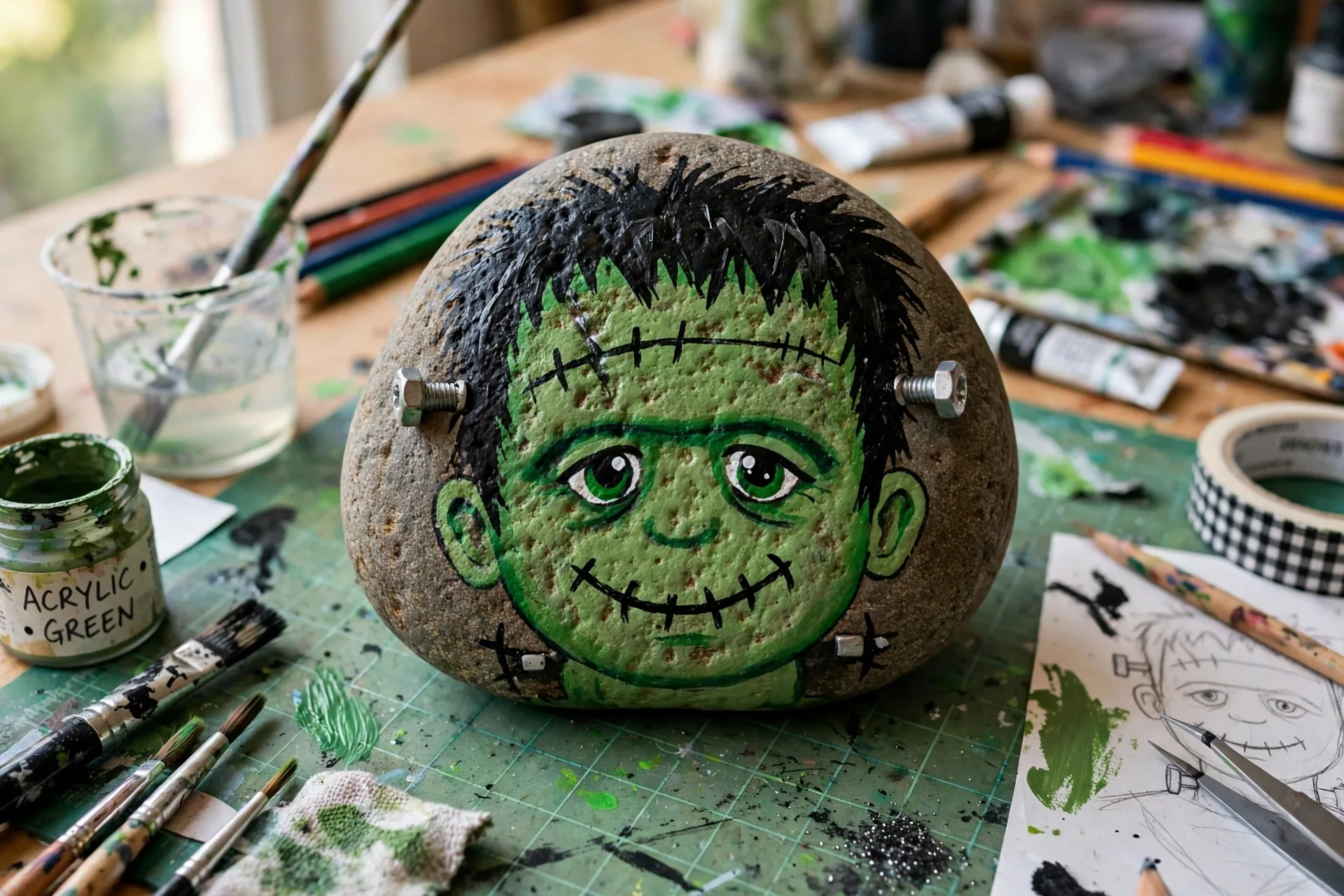 A smooth rock painted as a friendly Frankenstein monster with green skin and bolts