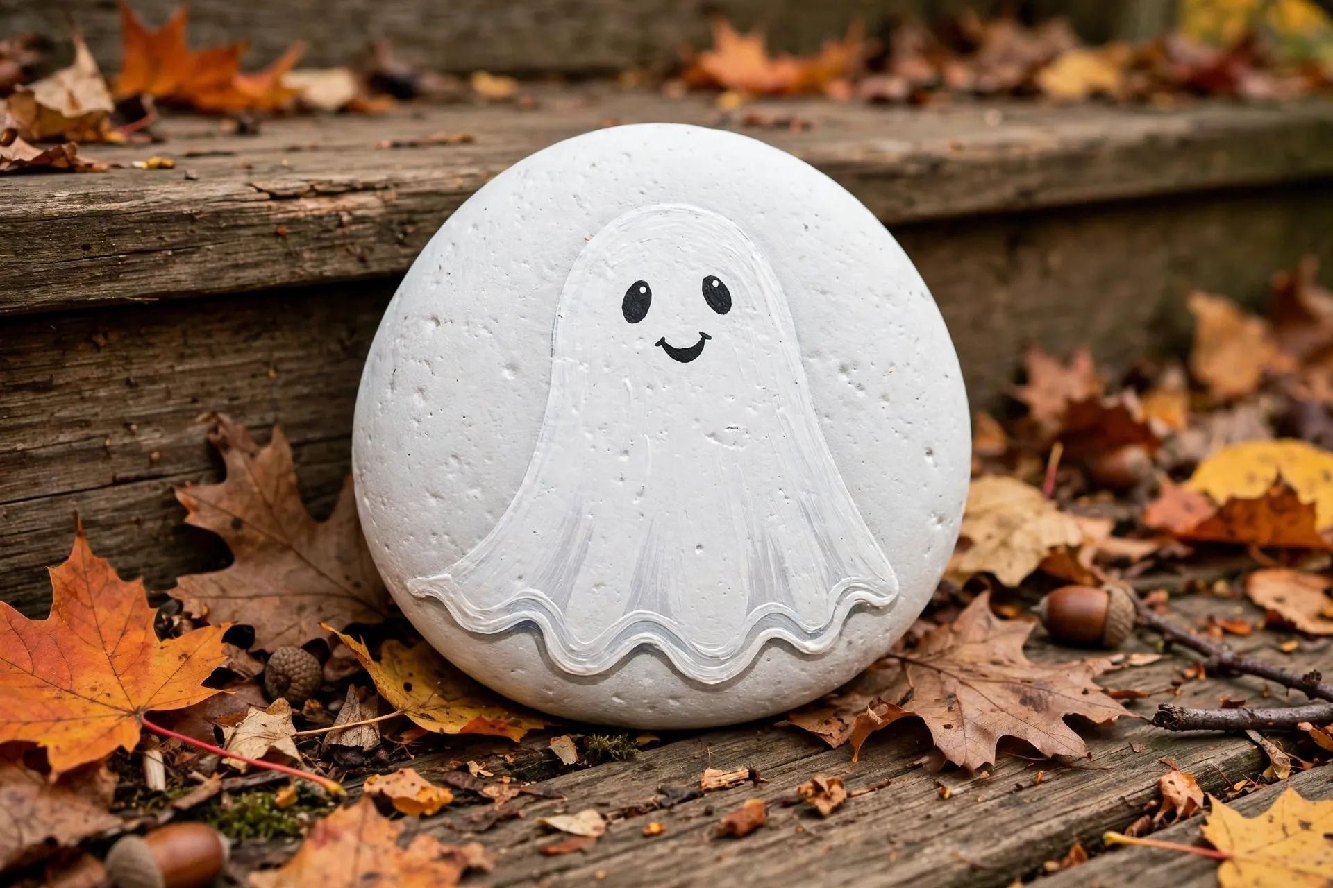 A smooth rock painted as a friendly white ghost with a smile on porch steps