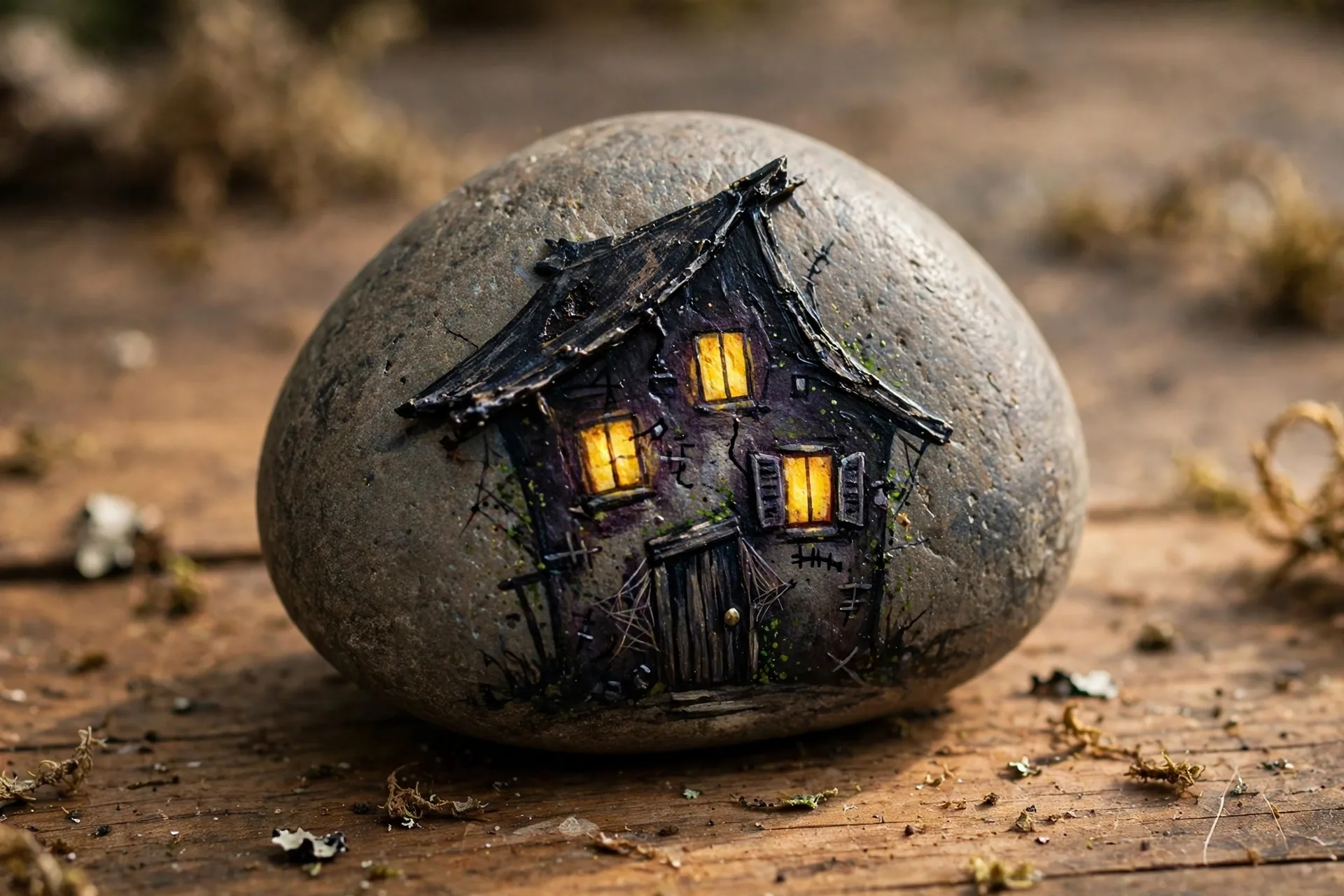 A smooth rock painted as a tiny haunted house with glowing windows