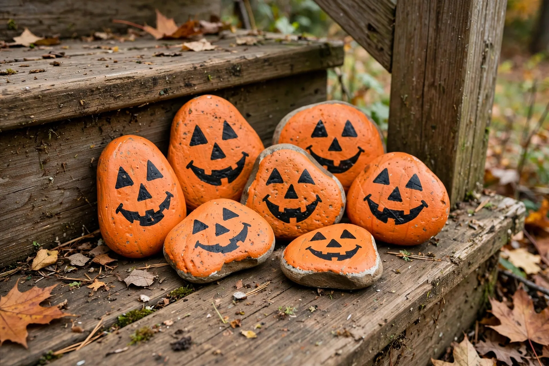 Small rocks painted as mini jack-o-lanterns with smiling faces on a porch