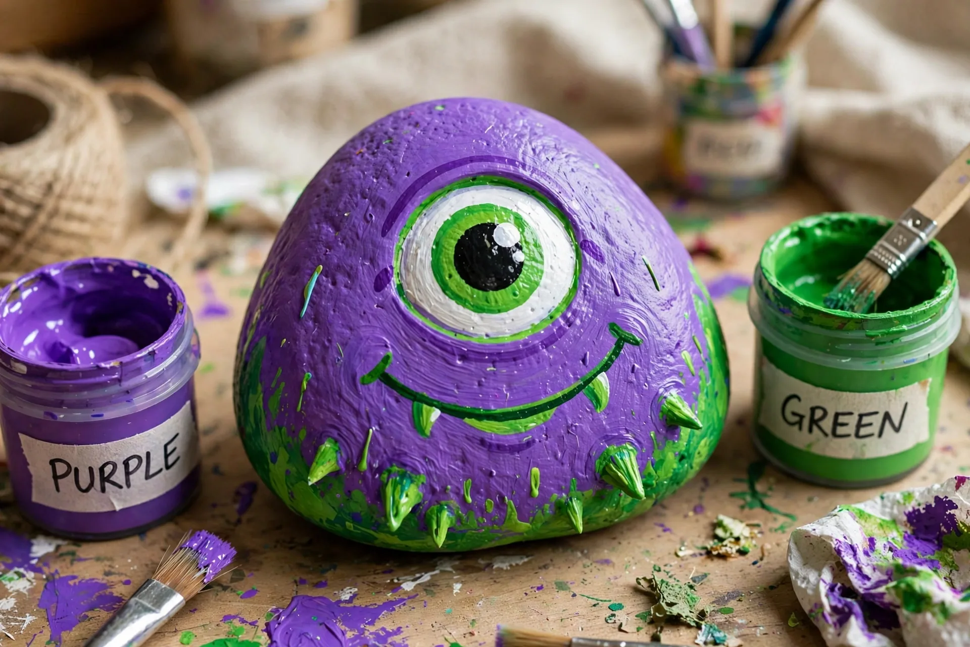 A smooth rock painted as a friendly one-eyed monster in bright colors