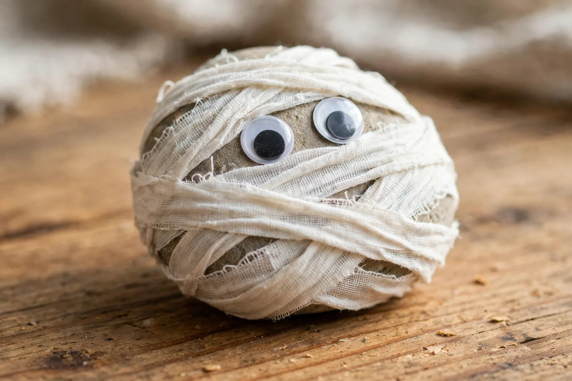 A smooth rock painted as a friendly mummy wrapped in white bandages
