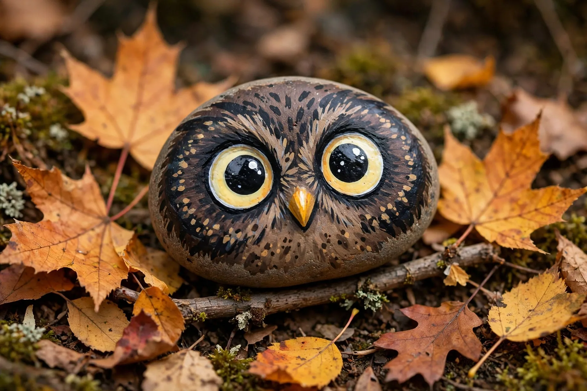 A smooth rock painted as a night owl with big eyes perched on a branch