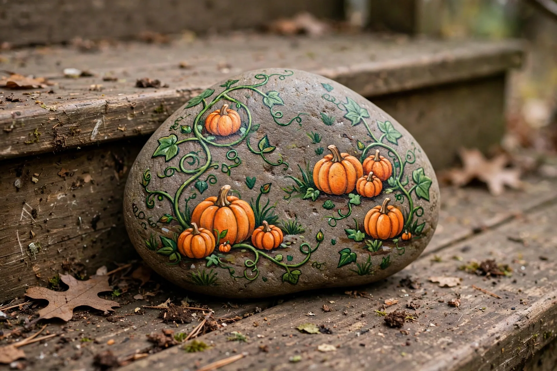 A smooth rock painted as a pumpkin patch scene with orange pumpkins and vines