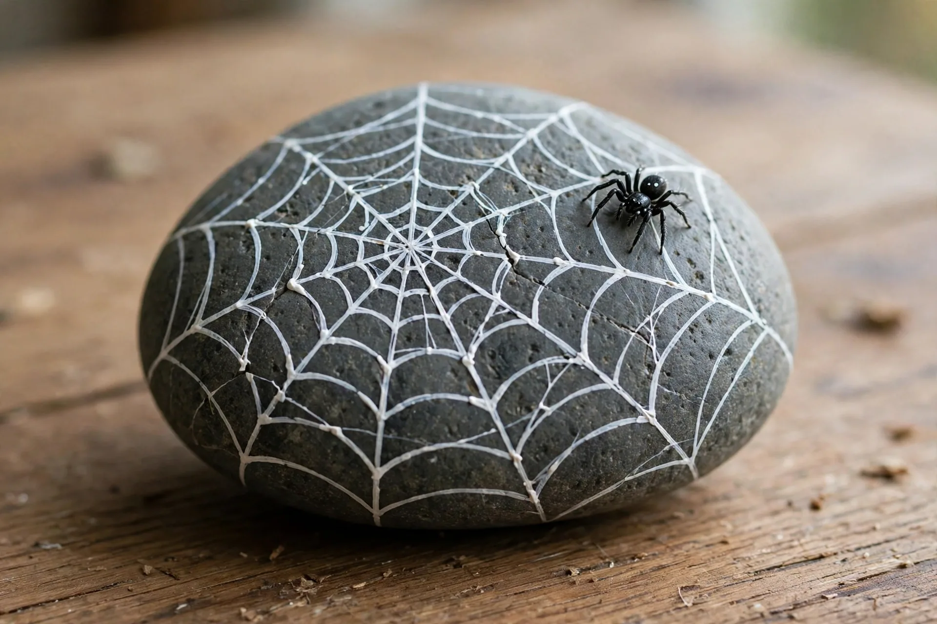 A smooth rock painted with a white spiderweb and a tiny black spider