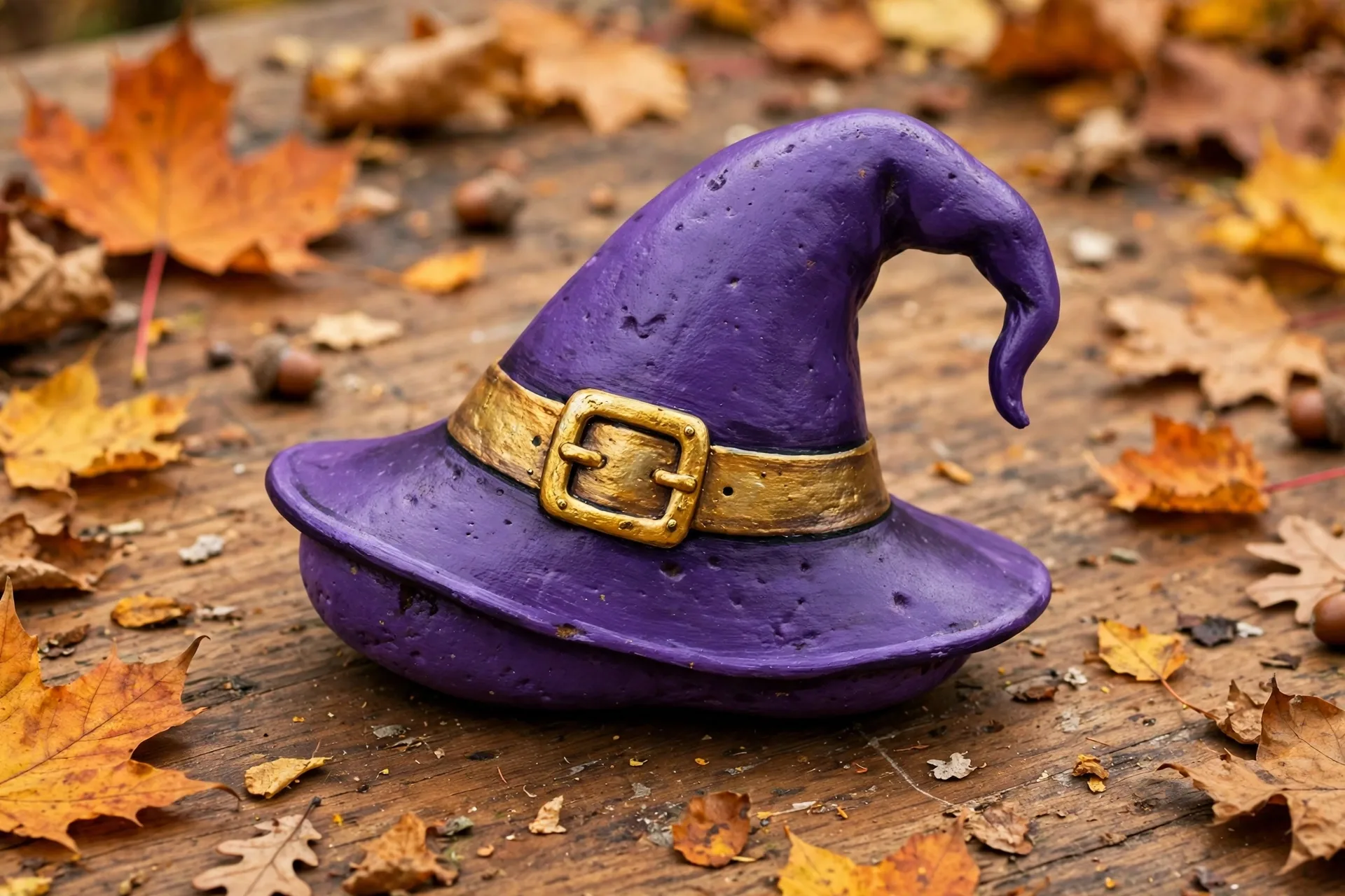 A smooth rock painted as a purple witch hat with a gold buckle