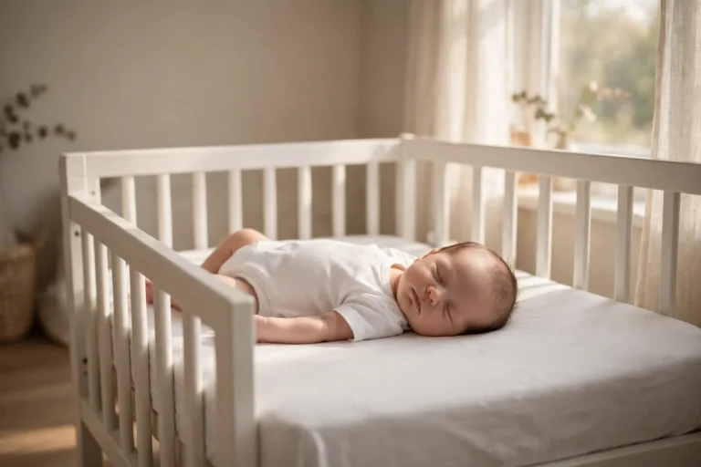 Newborn baby sleeping on her back in a white crib with only a fitted sheet, in soft morning light — a safe sleep setup