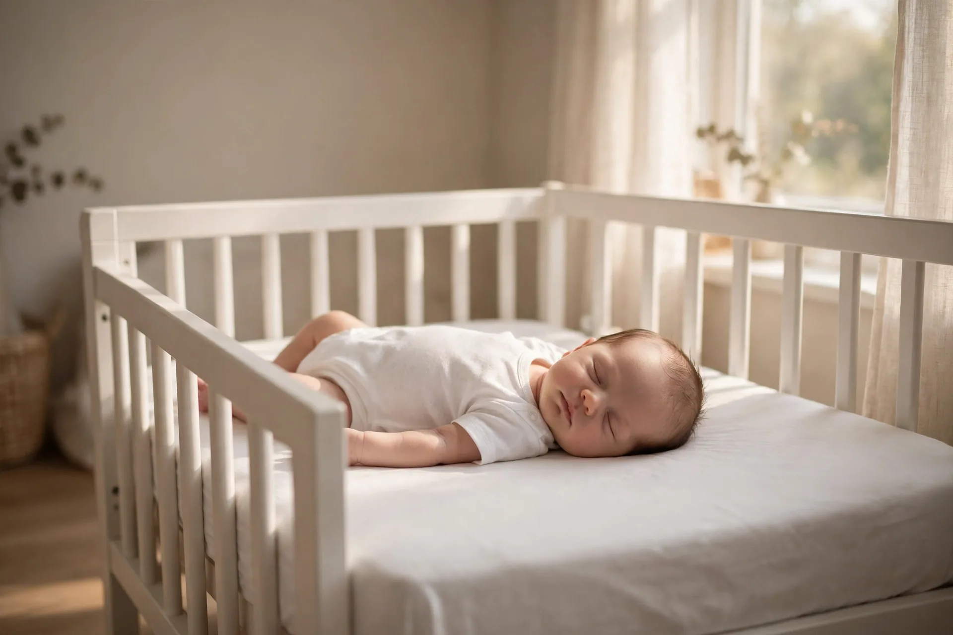 Newborn baby sleeping on her back in a white crib with only a fitted sheet, in soft morning light — a safe sleep setup
