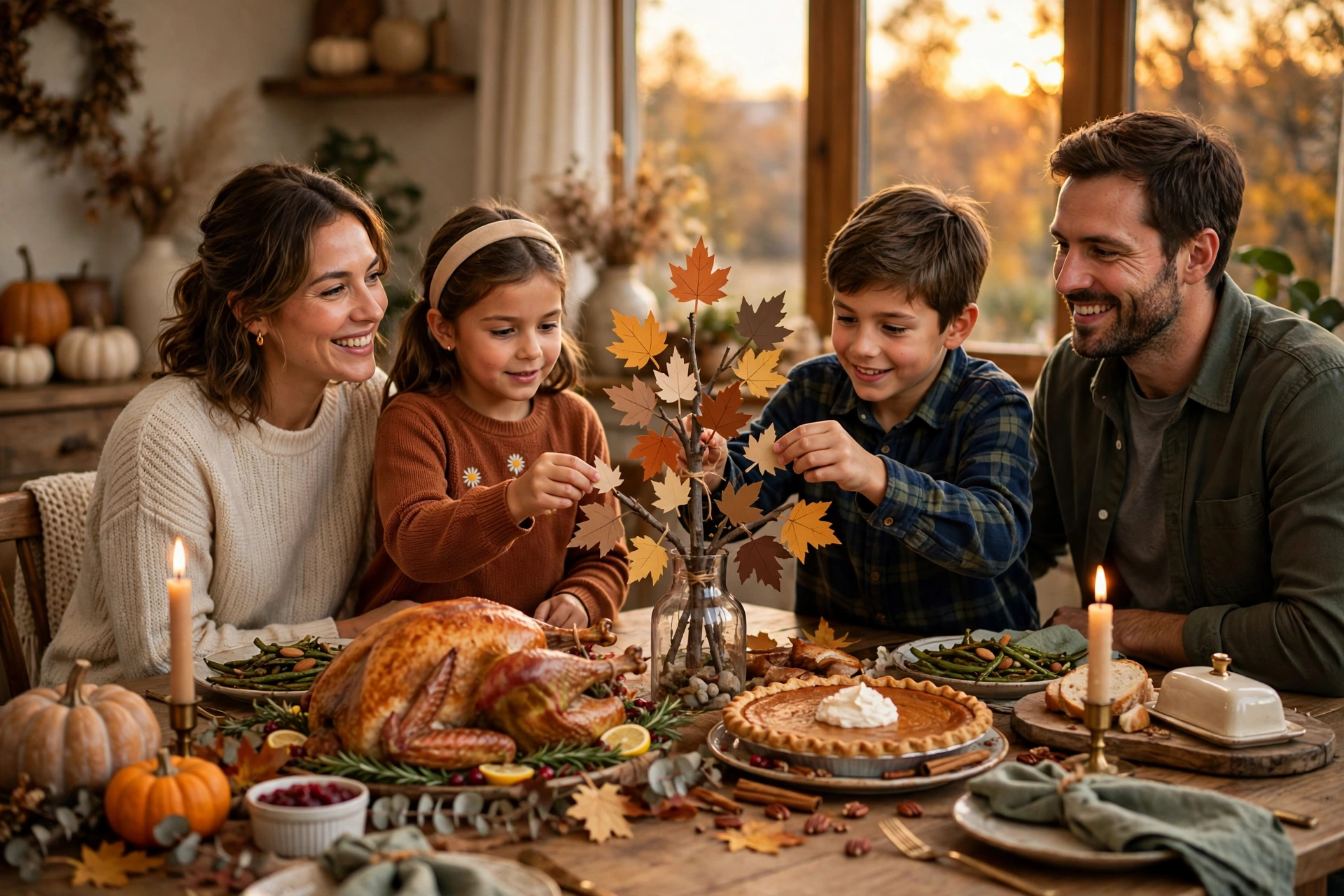 Family Thanksgiving table with kids adding leaves to a thankful tree centerpiece