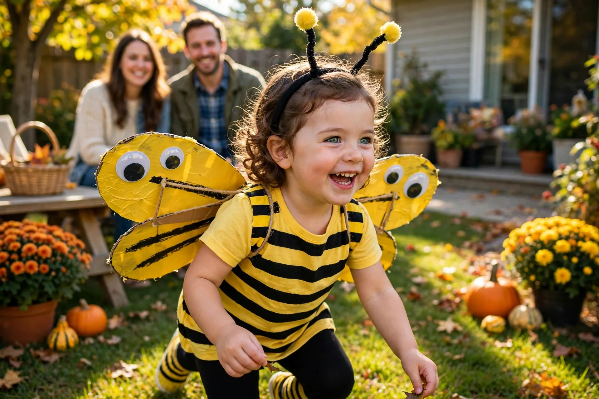 Toddler girl in a yellow and black bumblebee Halloween costume with cardboard wings and googly eyes