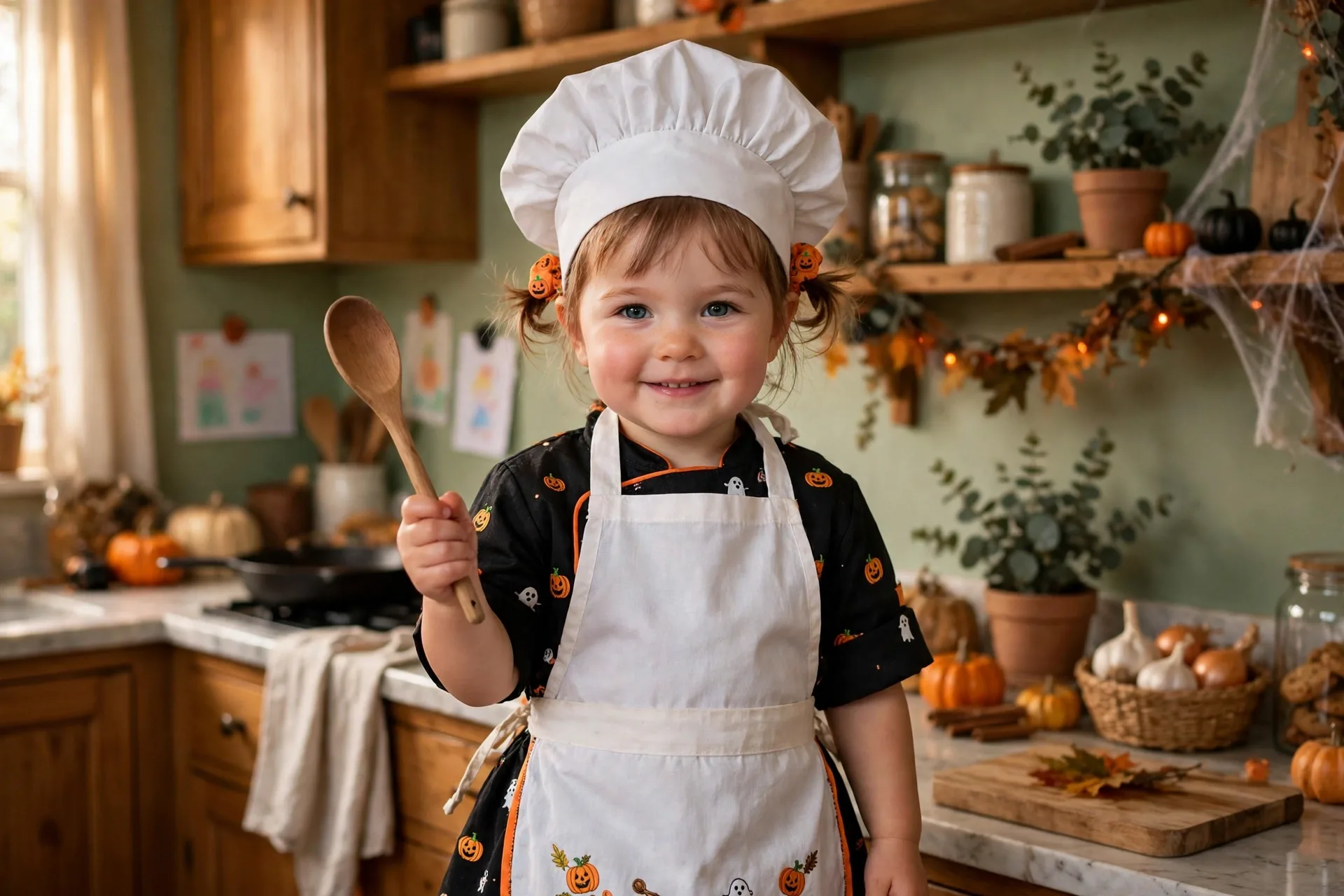 Toddler girl in a tiny chef Halloween costume with a white apron and puffy chef hat holding a wooden spoon in a kitchen