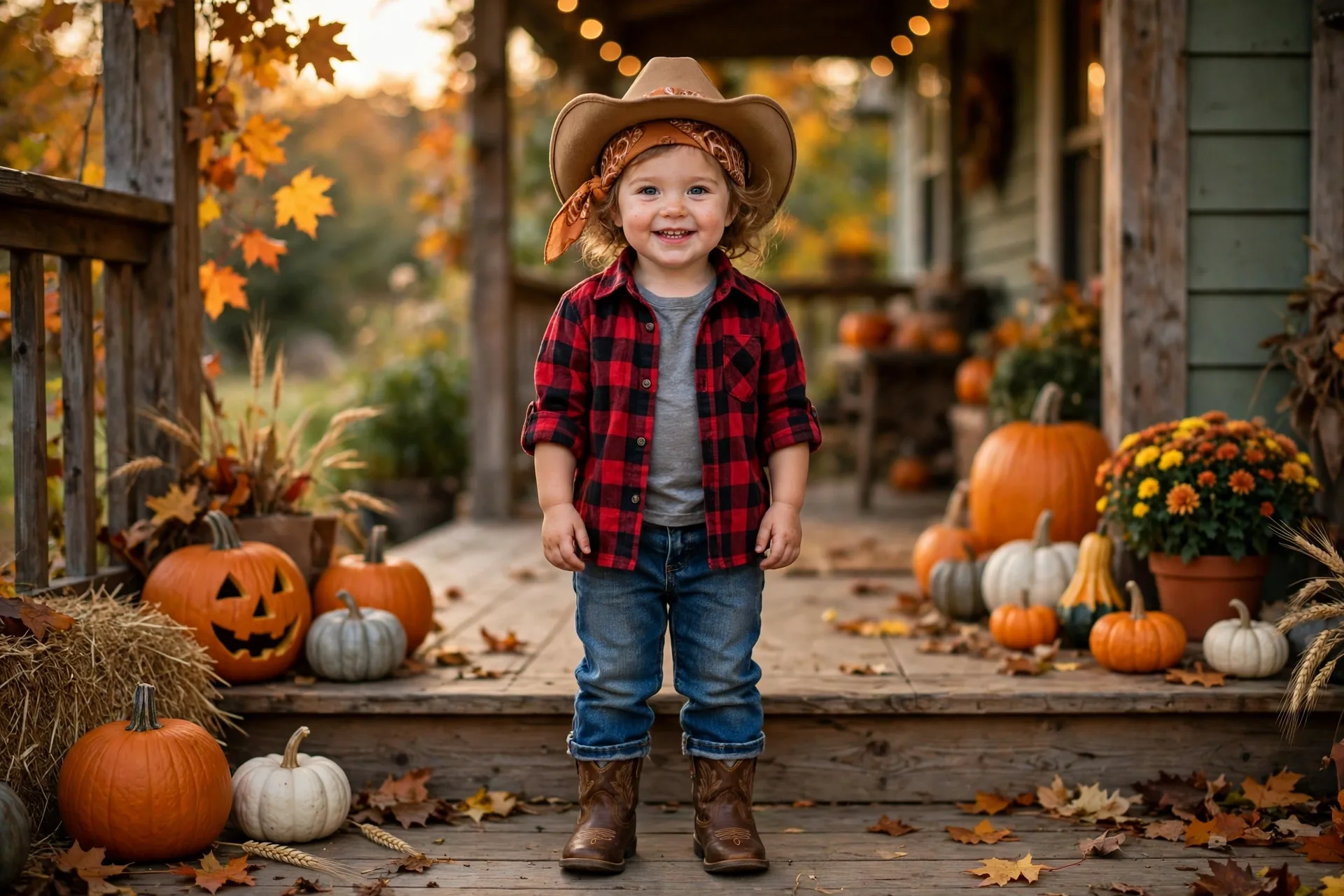 Toddler girl in a cowgirl Halloween costume with jeans, plaid shirt, boots and a cowboy hat on a porch