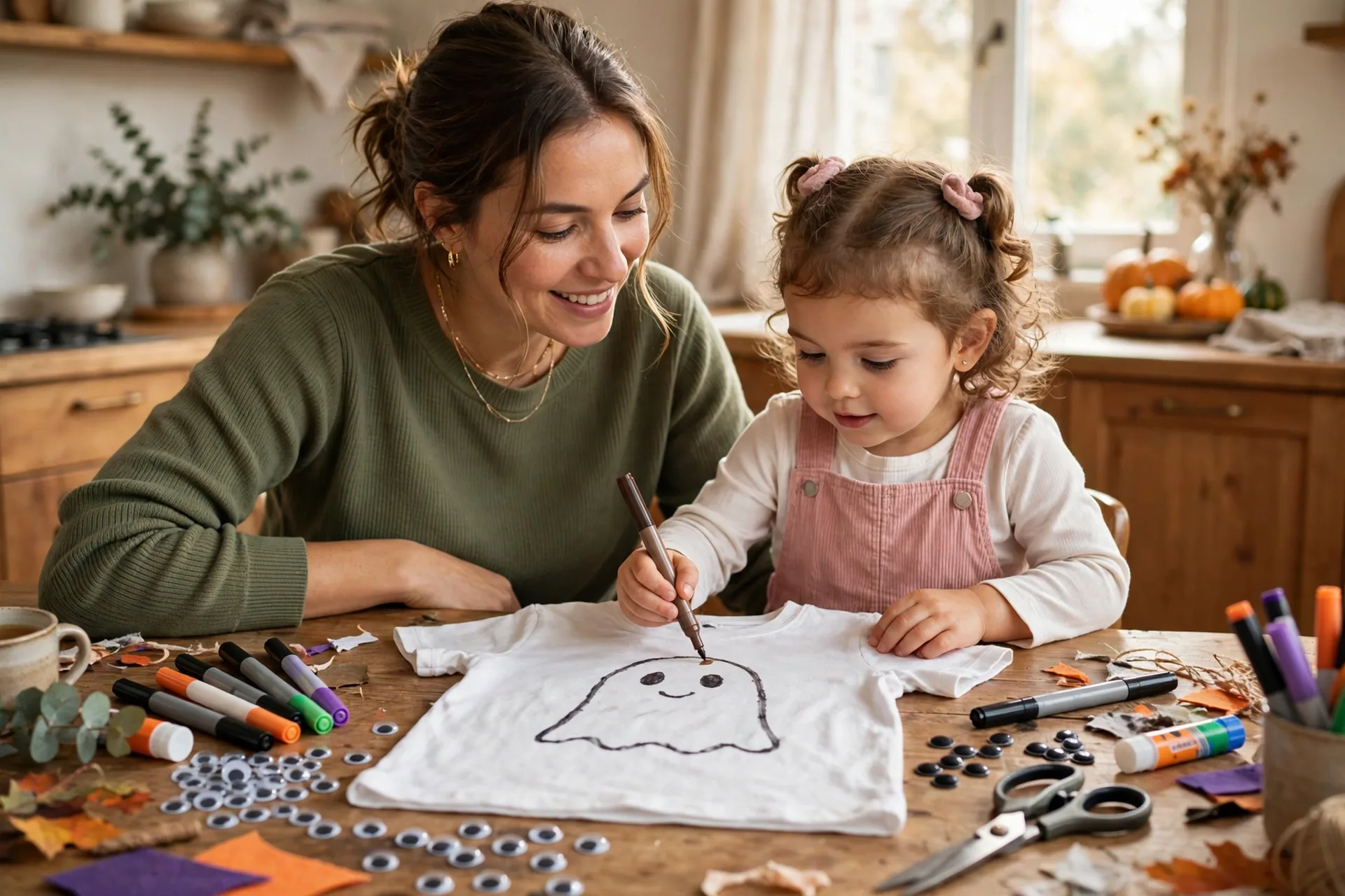 Mom and toddler daughter drawing a ghost face on a white t-shirt with fabric markers, googly eyes on the table