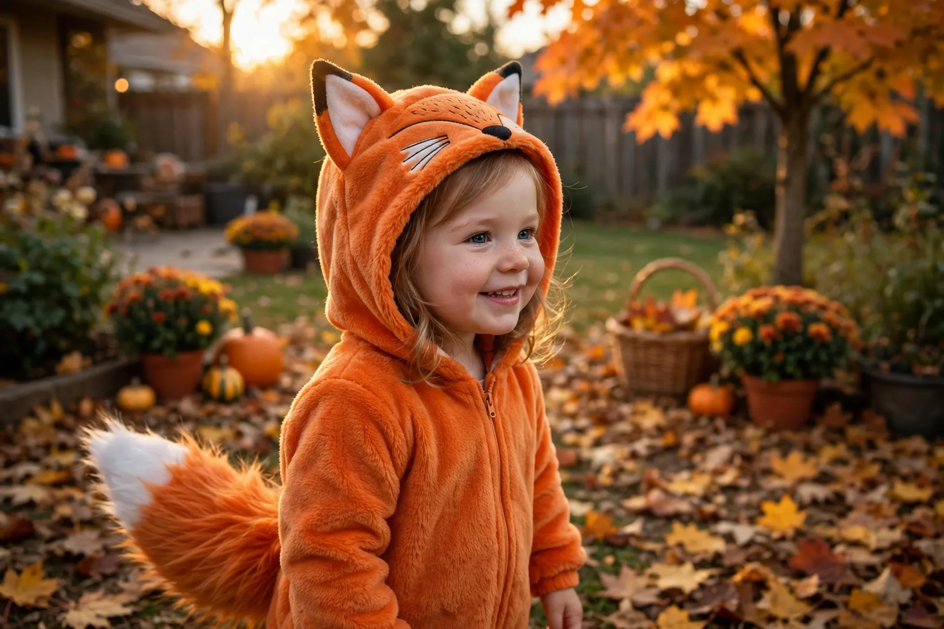 Toddler girl in a fox Halloween costume with pointed ears and a bushy tail in a backyard with autumn leaves