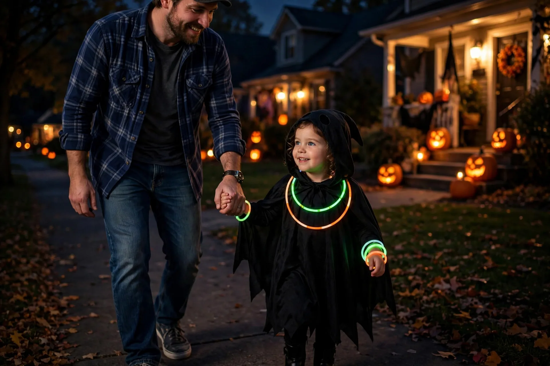 Toddler in a dark hooded Halloween costume wearing glowing glow-stick necklaces and bracelets at night holding her dad's hand