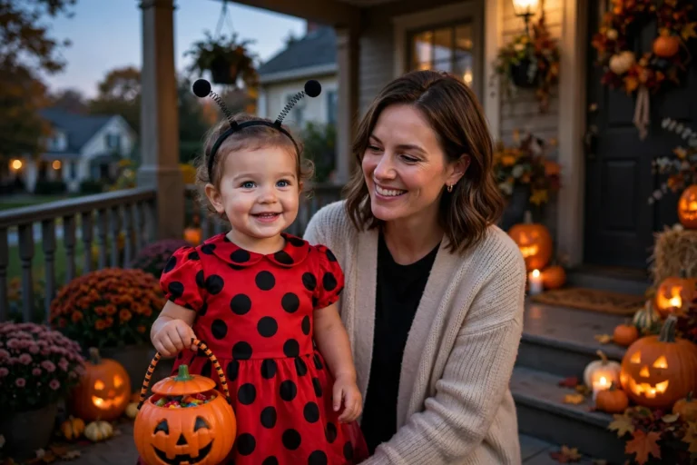 Two-year-old girl in a red ladybug Halloween costume with antennae headband holding a pumpkin candy bucket on a porch at dusk with her mom