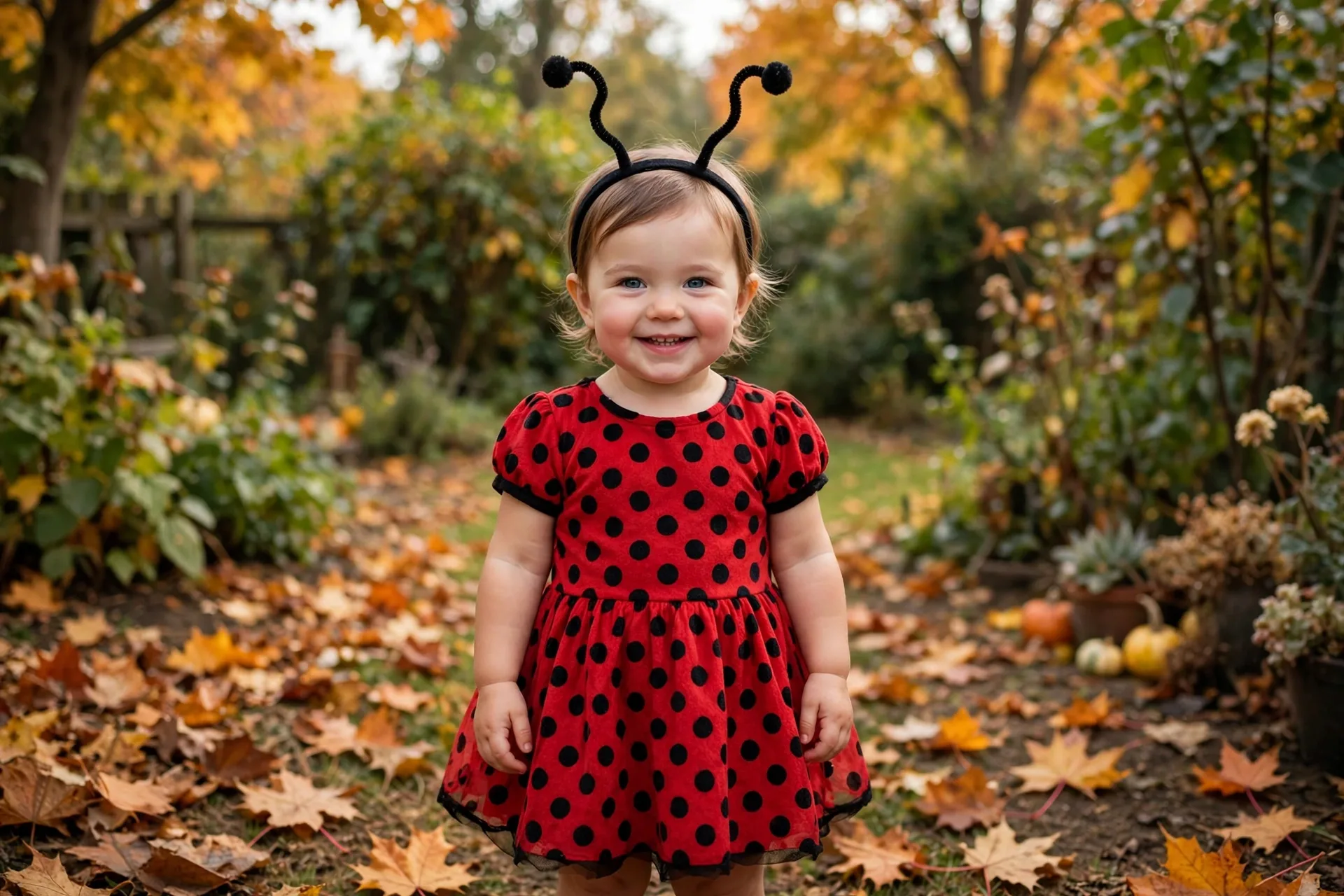 Toddler girl in a red ladybug Halloween costume with black dots and pipe-cleaner antennae in a garden
