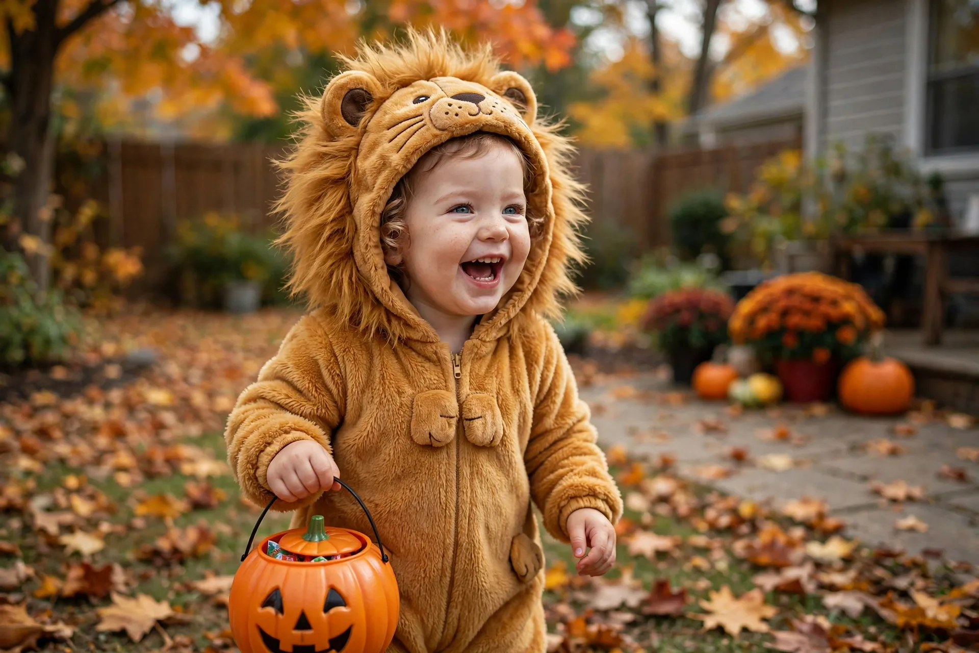 Toddler girl in a soft lion Halloween costume with a golden mane hood holding a pumpkin candy bucket