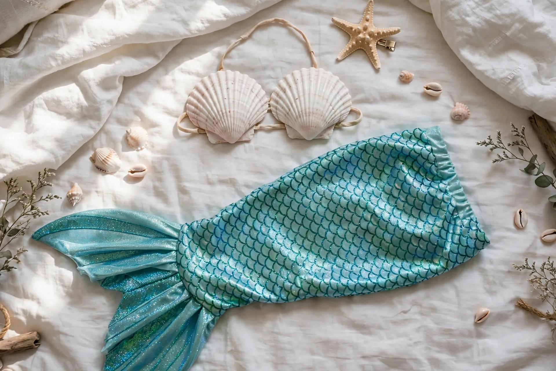 Toddler mermaid Halloween costume laid out flat: shimmery aqua skirt, seashell top and starfish hair clip