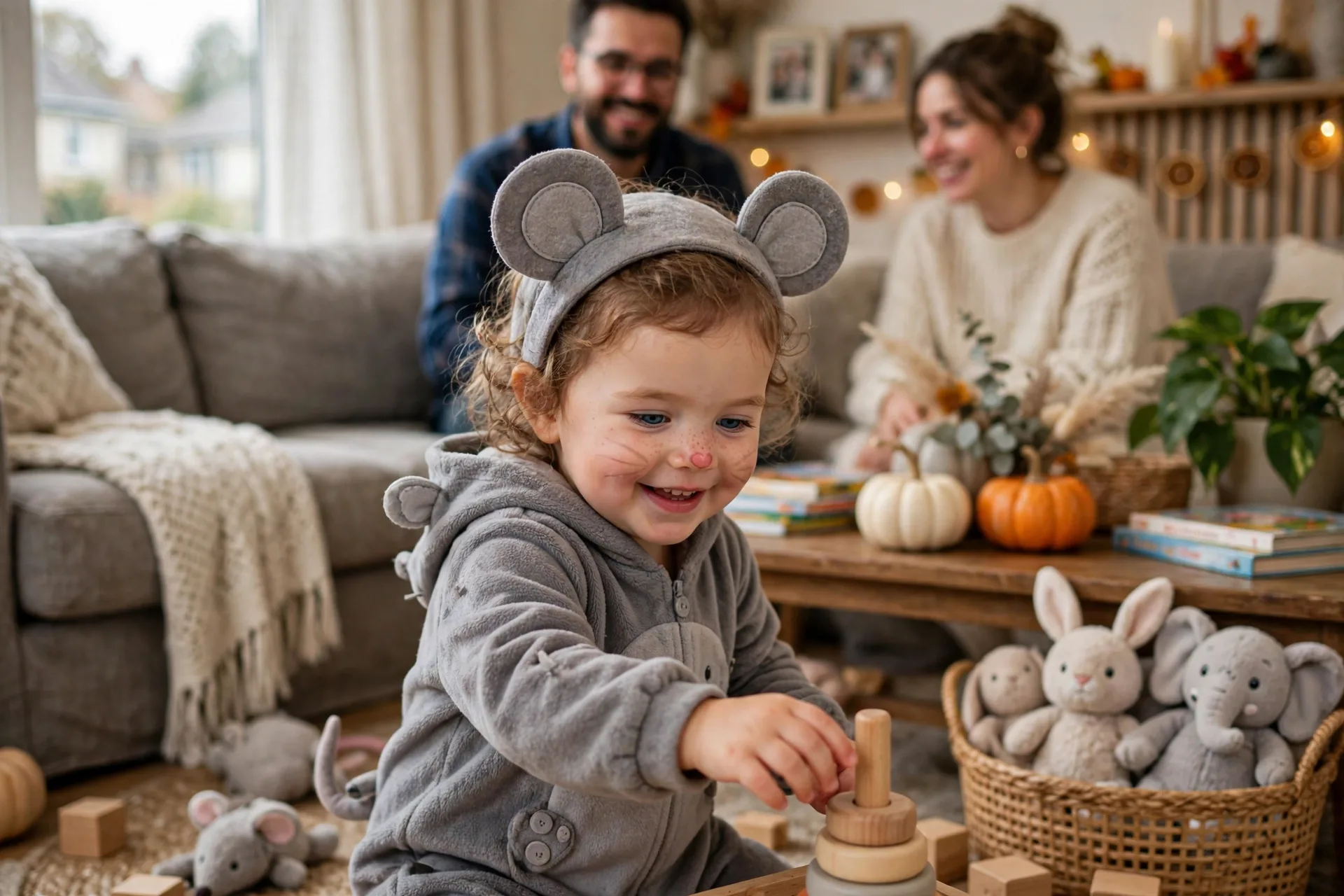 Toddler girl in a grey little mouse Halloween costume with round felt ears on a soft fabric headband