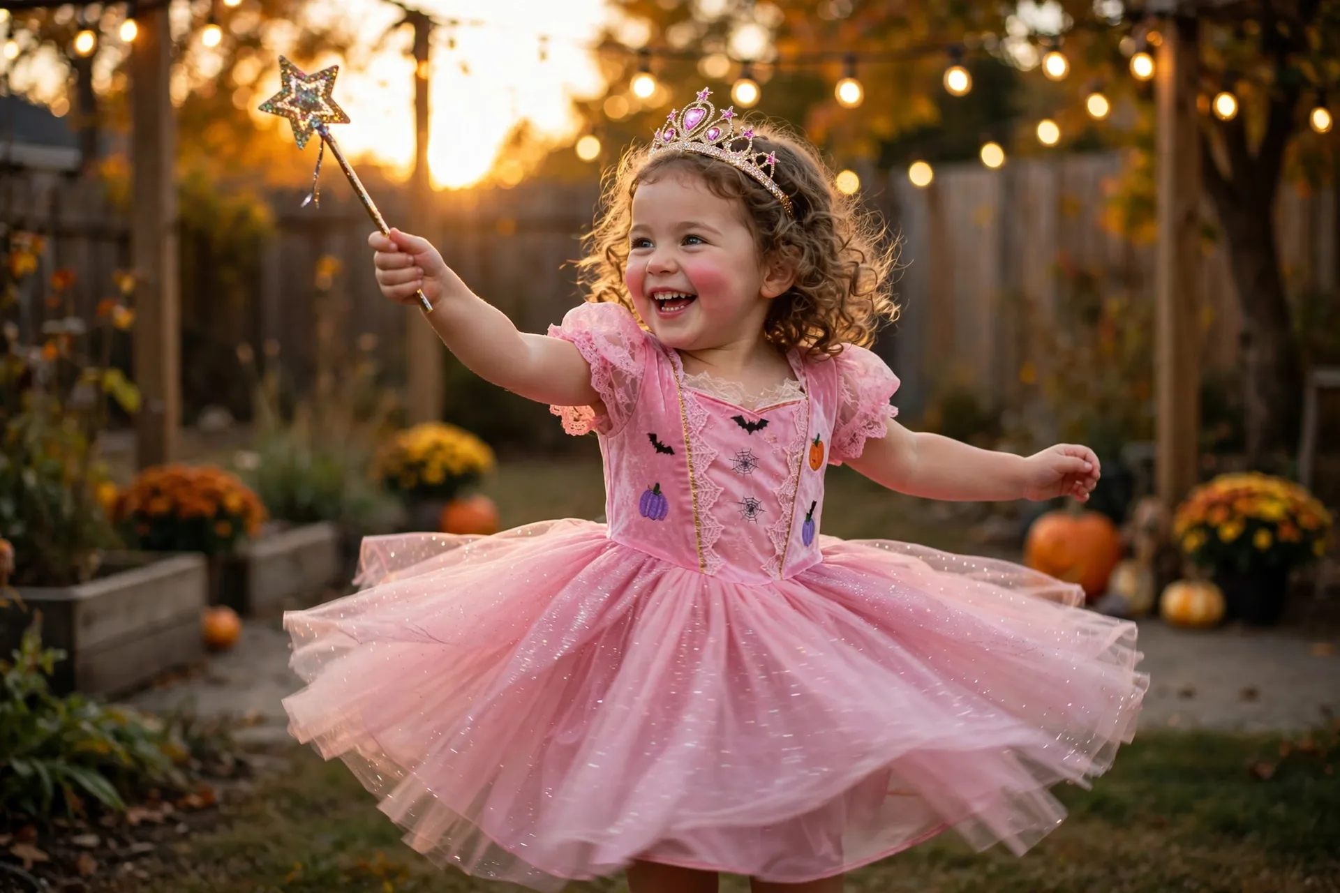 Toddler girl twirling in a pink princess Halloween costume with a glittery tiara and star wand at golden hour