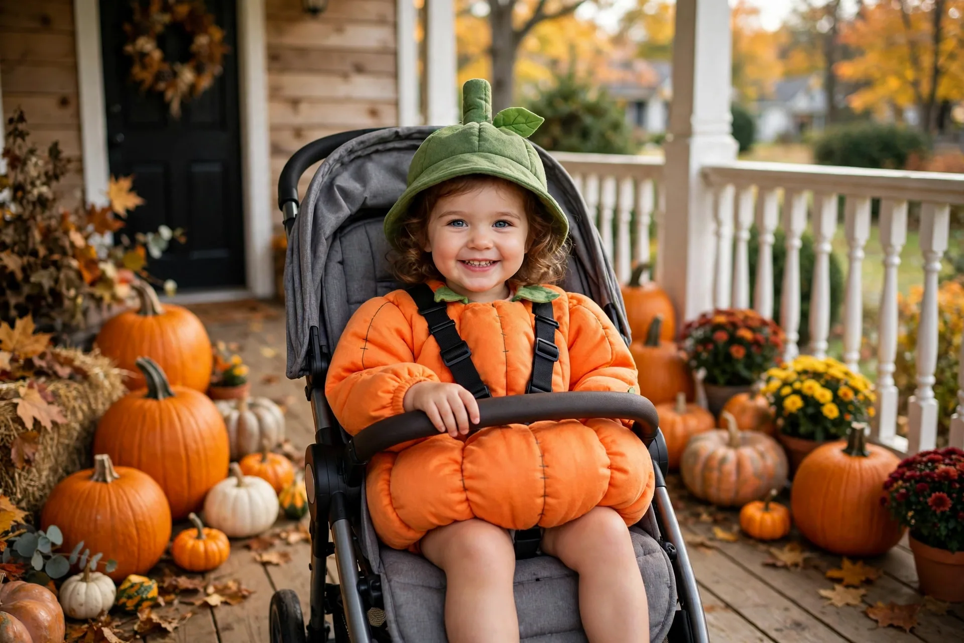 Toddler girl in a soft padded orange pumpkin Halloween costume with a green stem hat sitting in a stroller