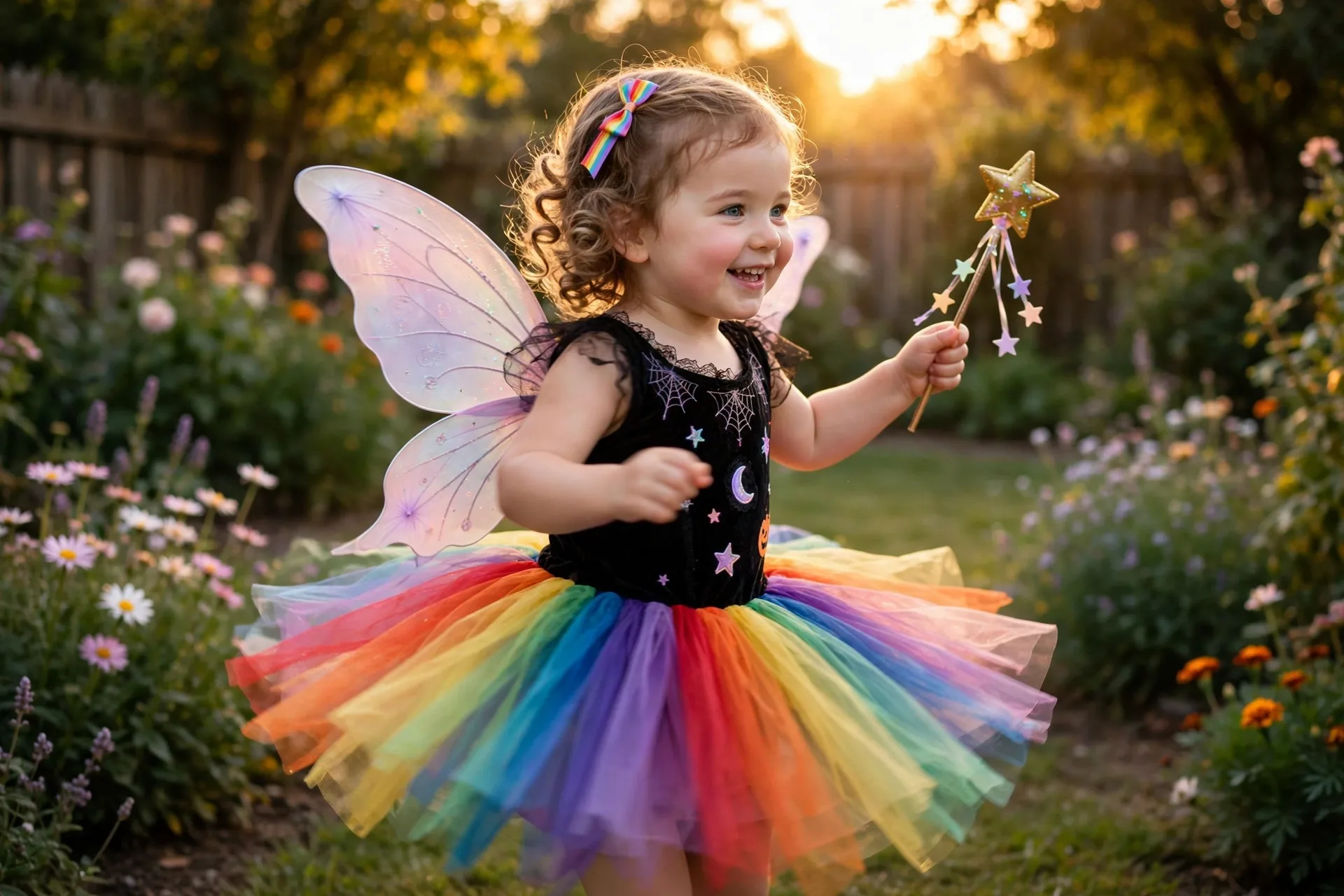 Toddler girl in a rainbow fairy Halloween costume with a rainbow tutu and pastel wings twirling in a garden