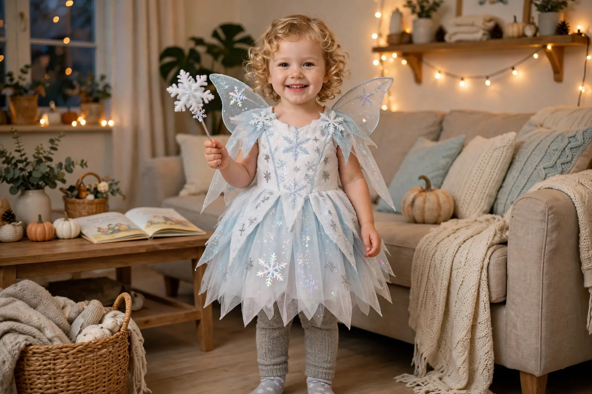 Toddler girl in a white and pale-blue sparkly snow fairy Halloween costume holding a snowflake wand