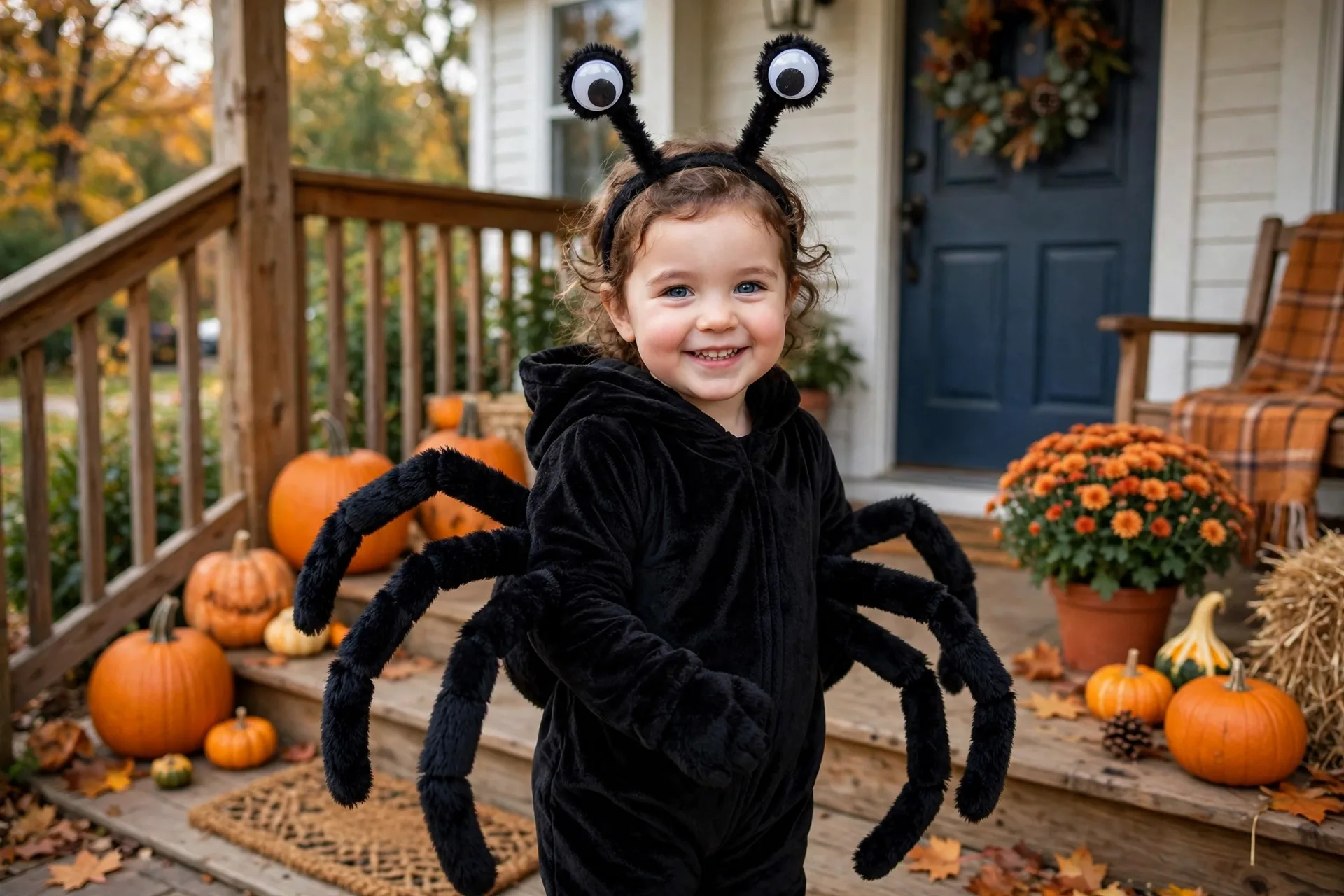 Toddler girl in a friendly spider Halloween costume with soft stuffed legs and a googly-eye headband on a porch