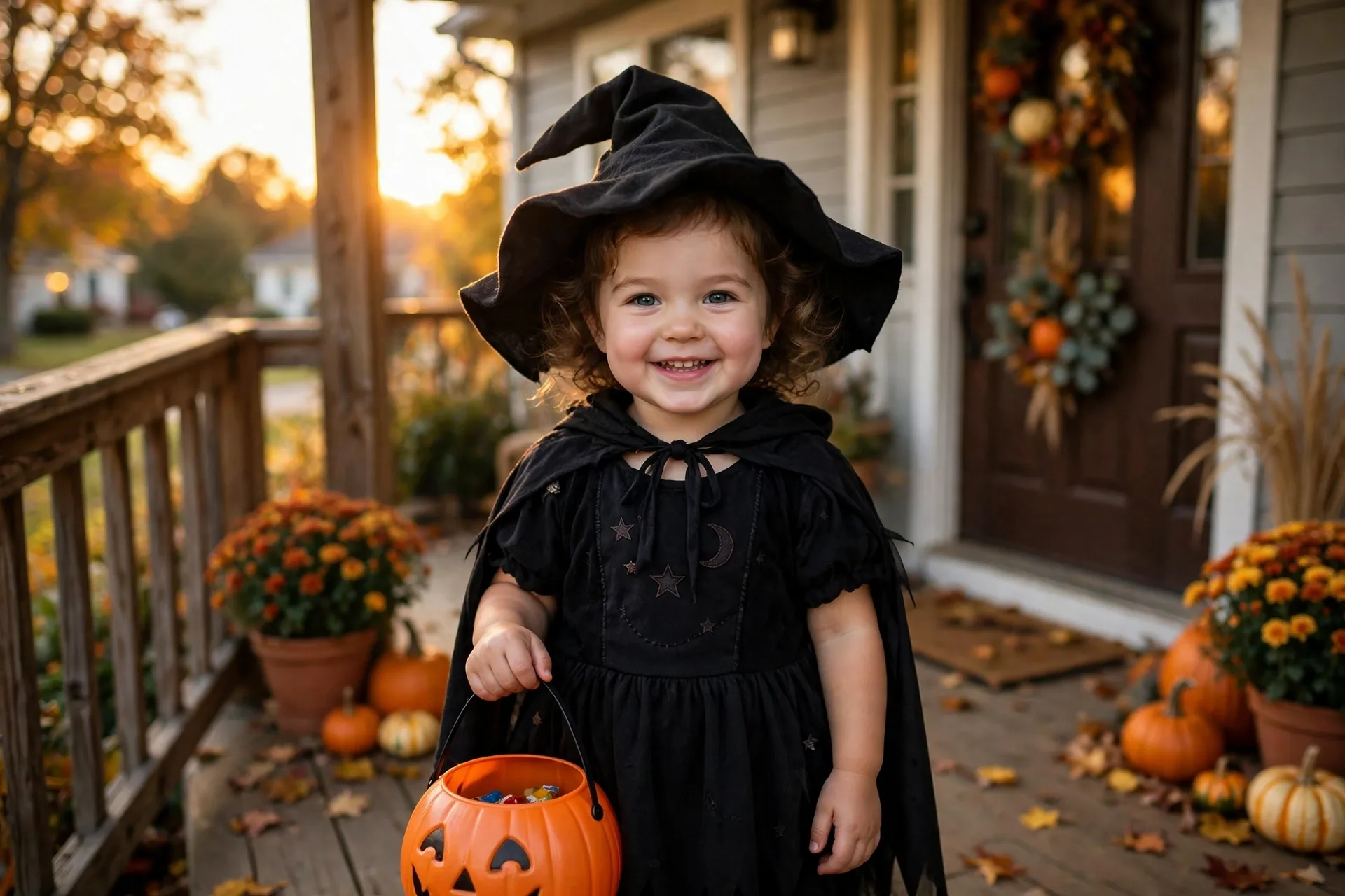 Toddler girl in a soft black witch Halloween costume with a floppy fabric pointed hat holding a pumpkin bucket