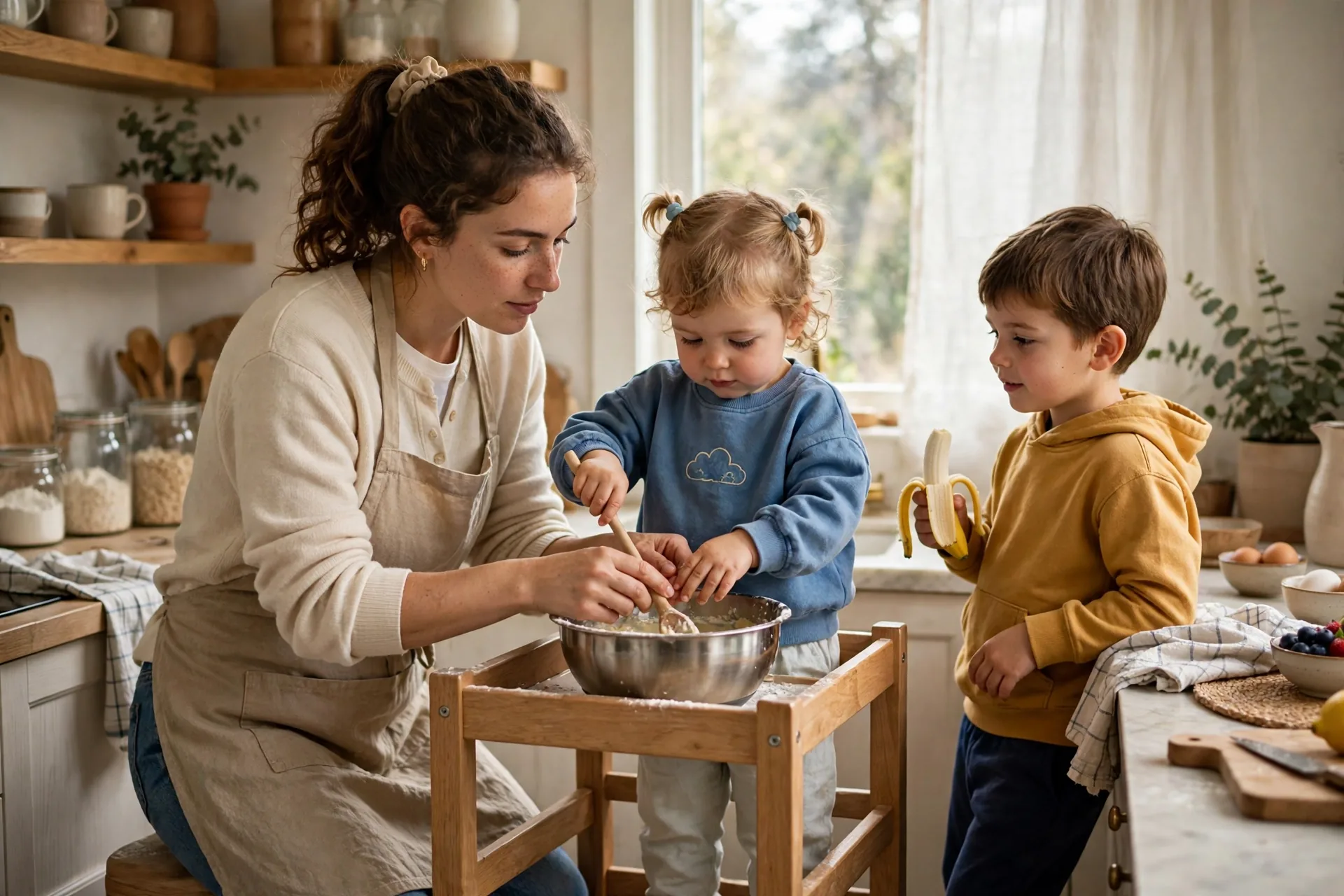 Mom guiding her toddler's hands as she stirs a bowl standing on a learning tower in the kitchen, big brother eating a banana beside them