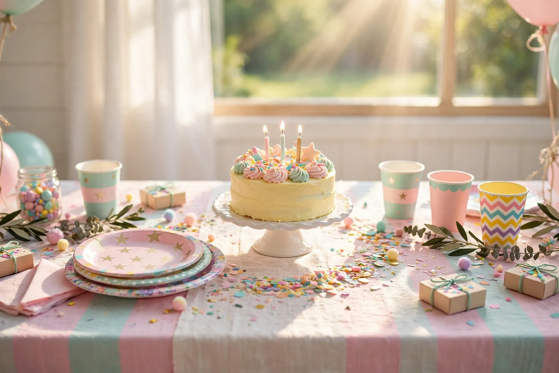 Kid-friendly birthday tablescape with pastel tablecloth, confetti, a small birthday cake on a stand and colorful party cups