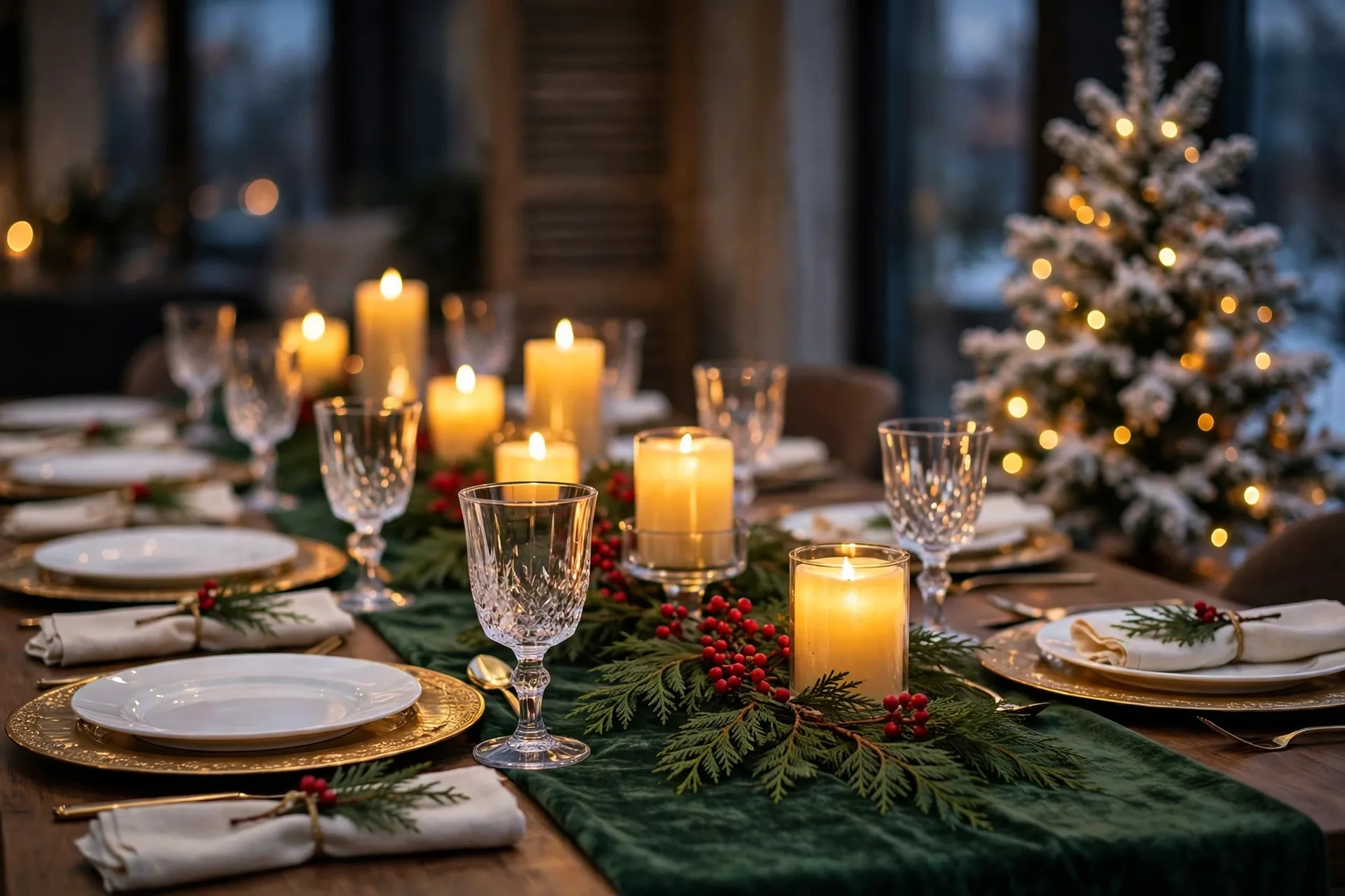 Christmas dinner tablescape with green velvet runner, gold chargers, cedar sprigs, red berries and glowing candles