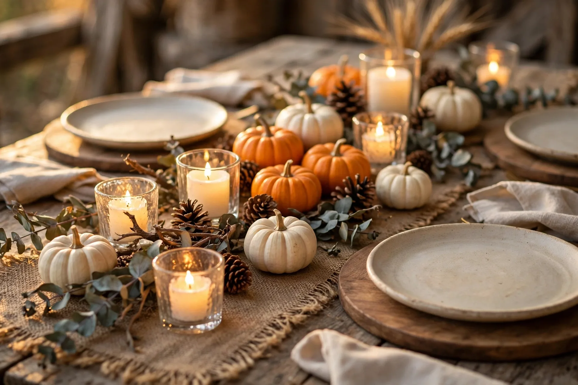 Rustic fall harvest tablescape with burlap runner, mini pumpkins, pinecones and glowing tea lights in glass holders
