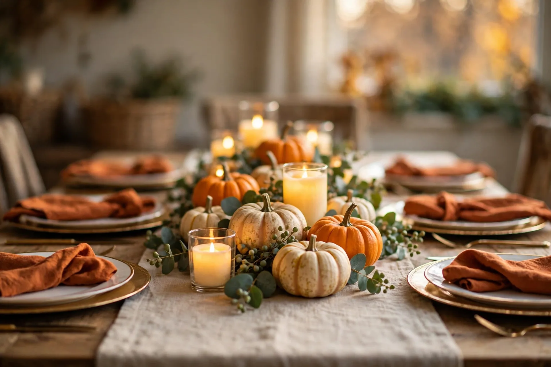 Thanksgiving tablescape with gold-rimmed plates, rust-orange napkins, mini pumpkins, eucalyptus and glowing candles on a linen runner
