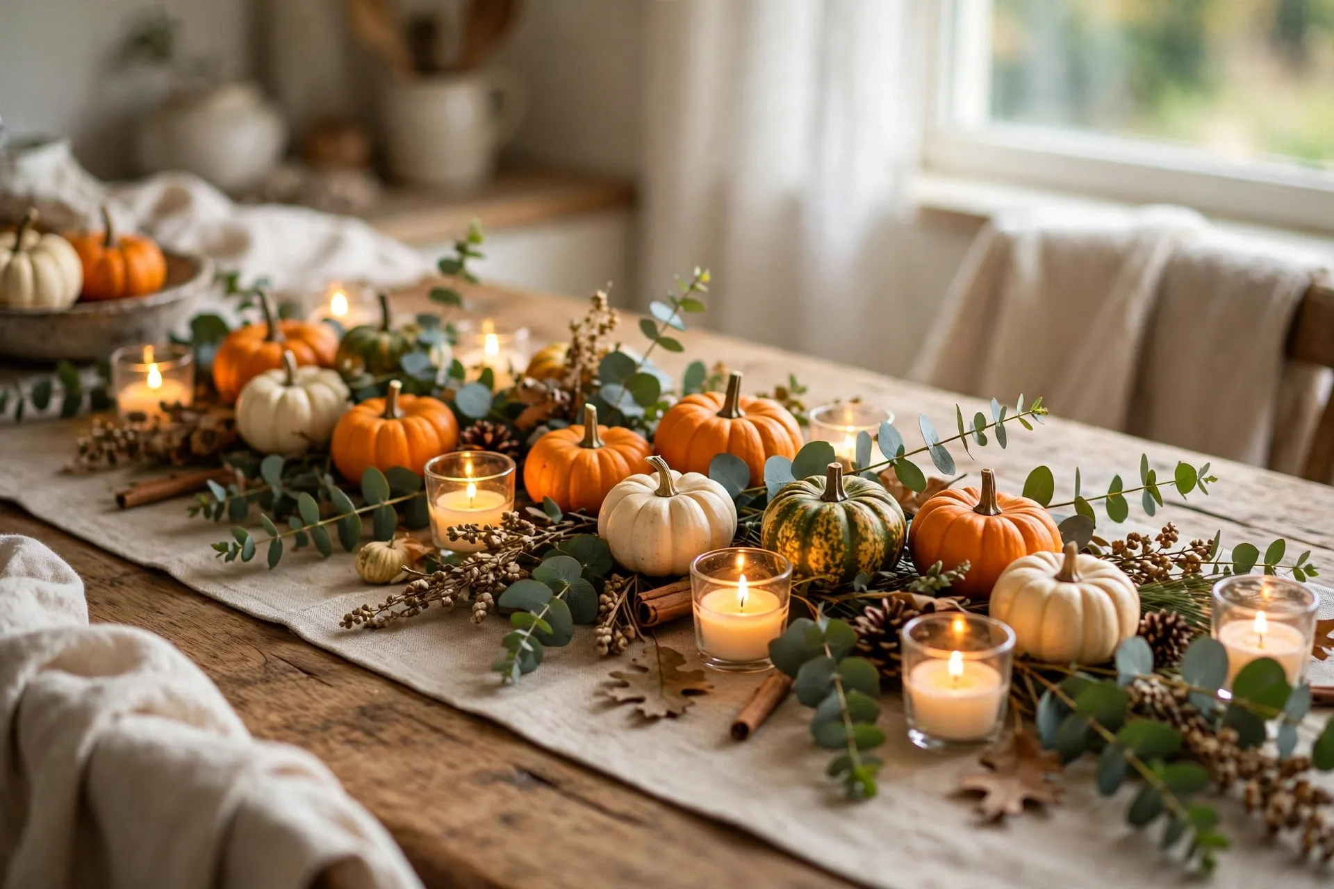 Low harvest runner with mini pumpkins eucalyptus and glowing tea lights