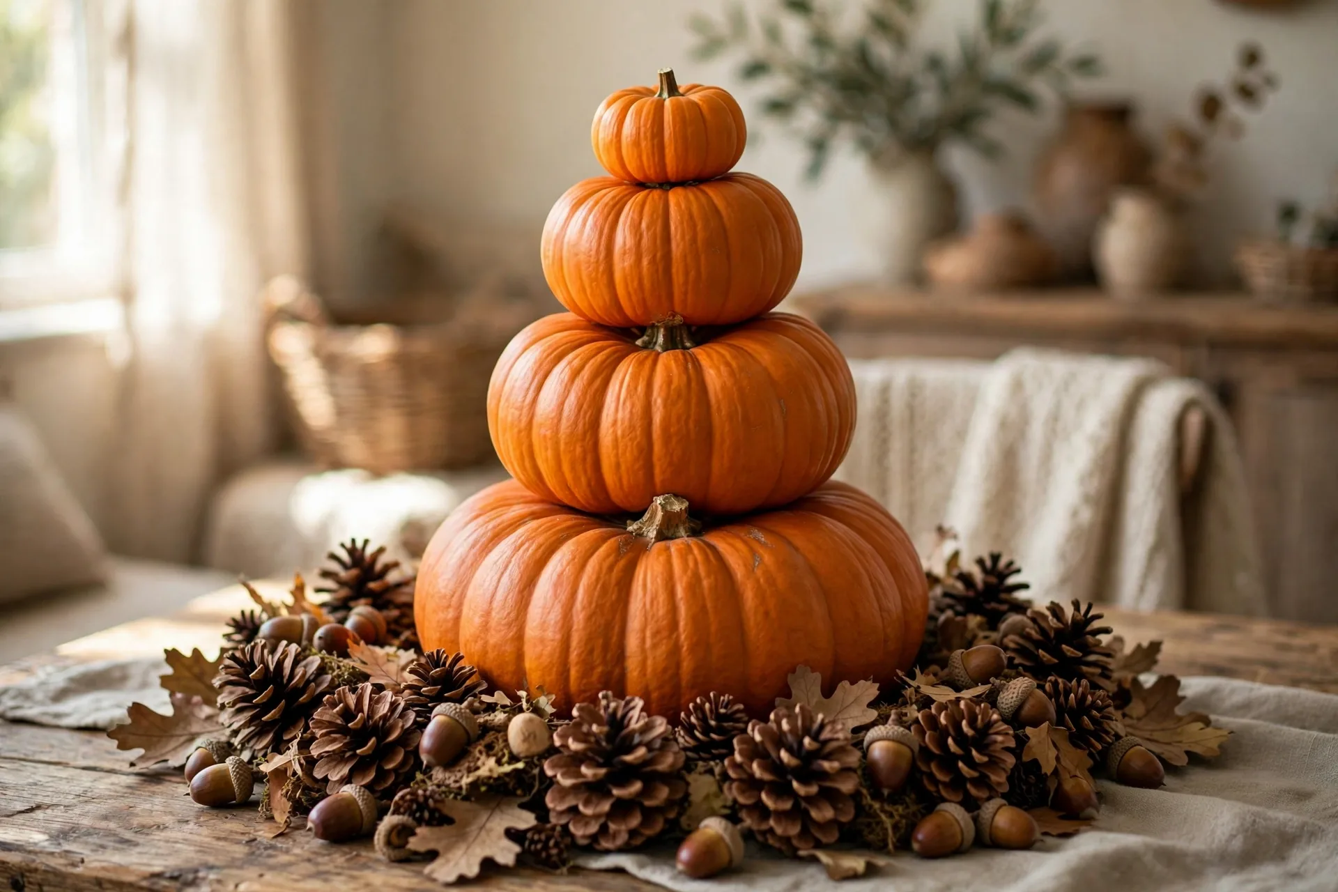 Stack of pumpkins in descending sizes ringed with pinecones and acorns