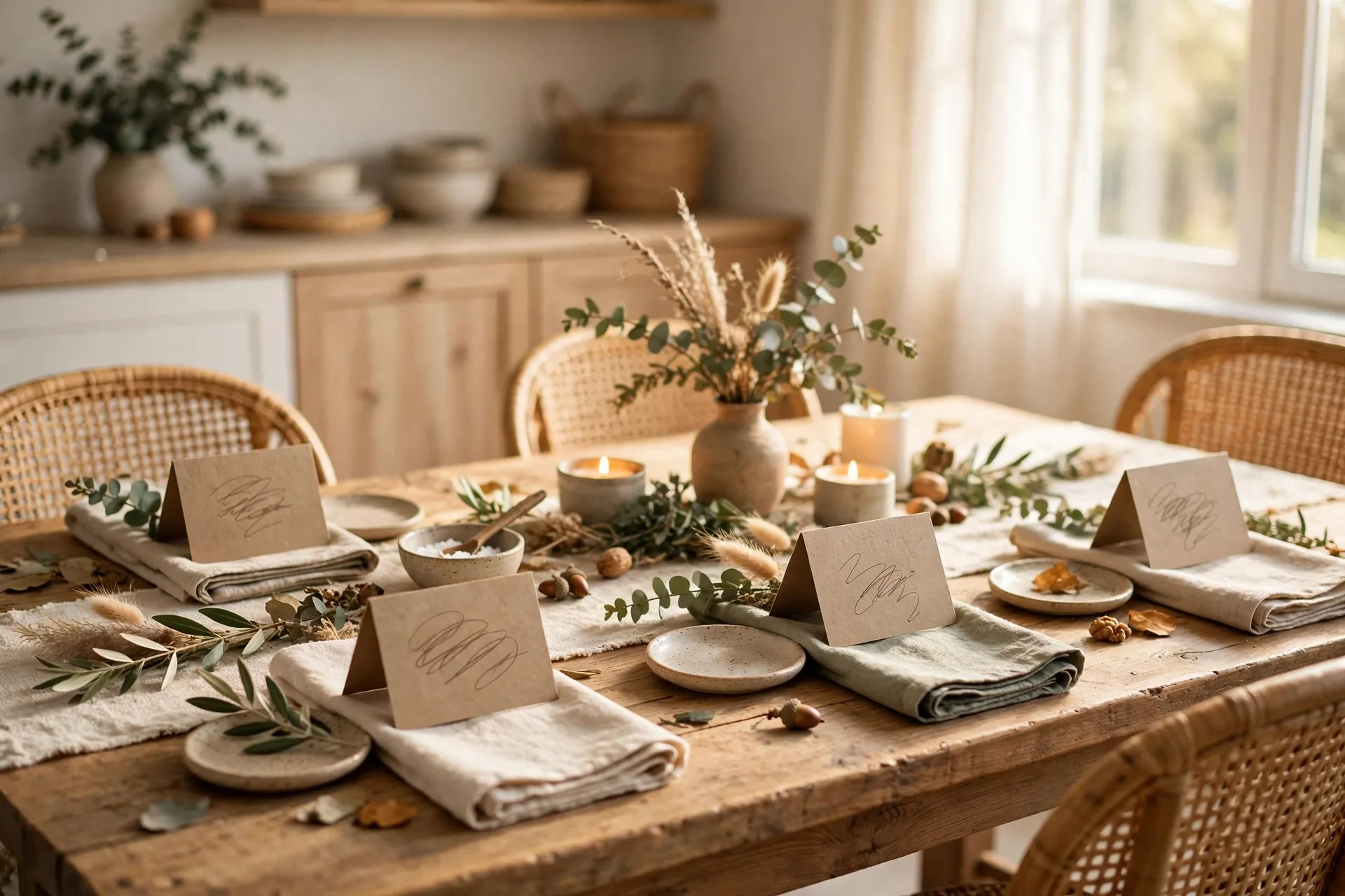 Folded gratitude place cards with handwritten notes at each table setting