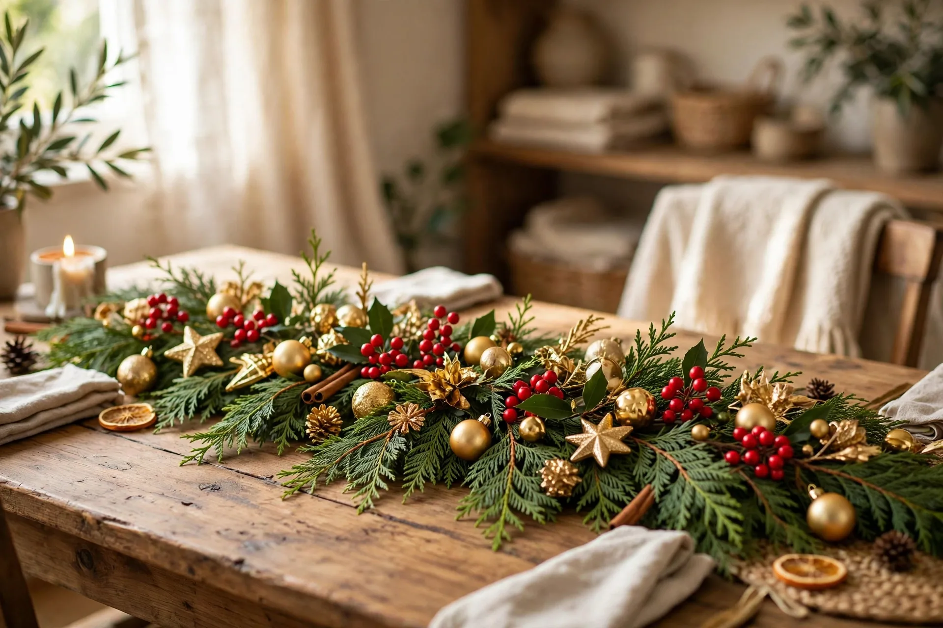 Fresh cedar runner with red berries and gold ornaments down the table