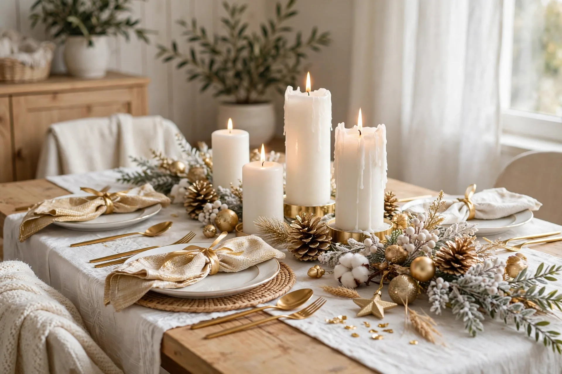 White and gold monochrome Christmas table with white pillar candles