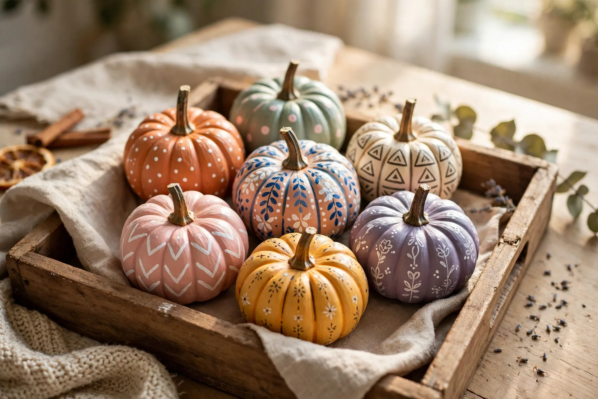 Mini pumpkins painted with acrylic paint pens arranged in a wooden tray