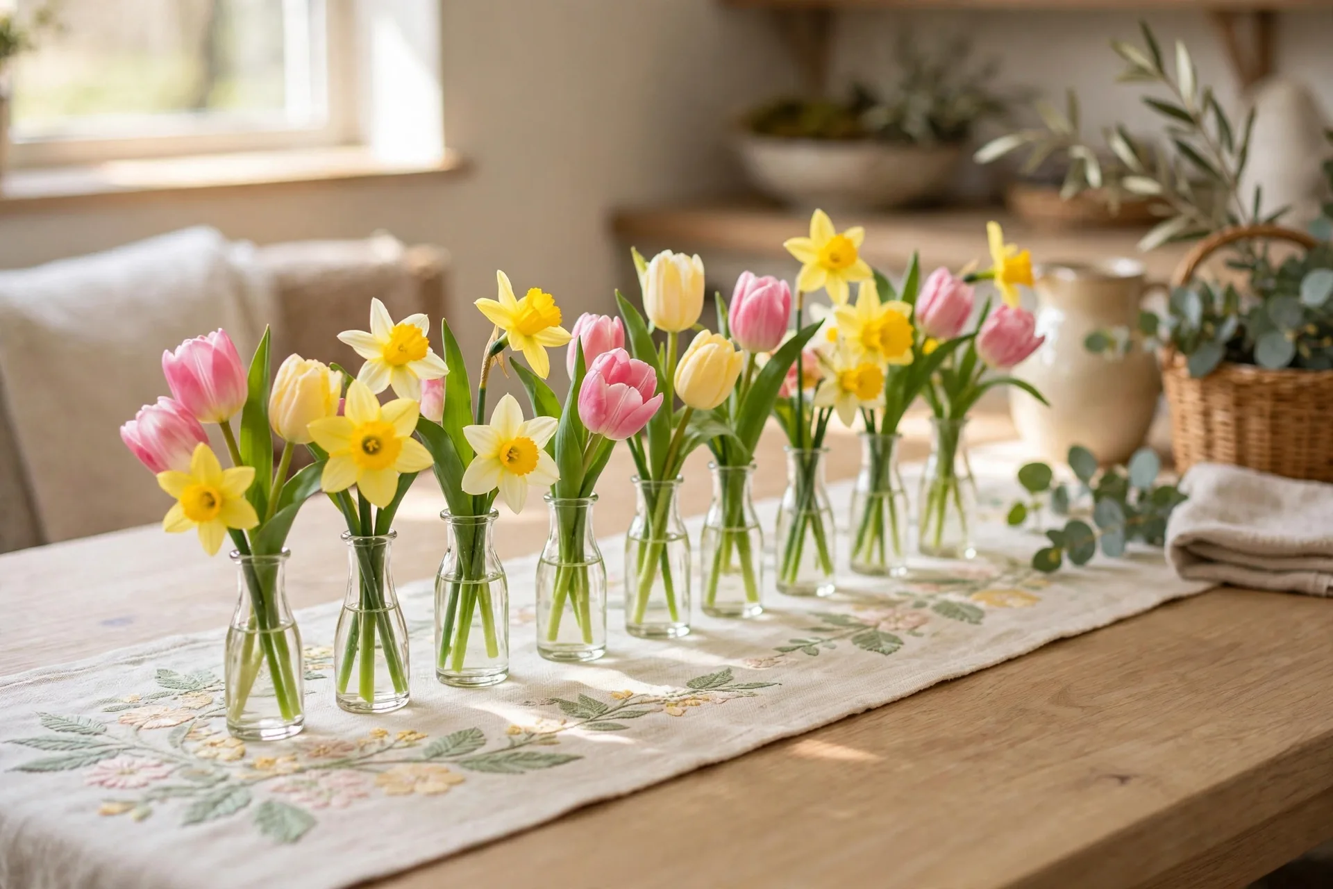 Row of small bud vases with tulips and daffodils down a spring runner