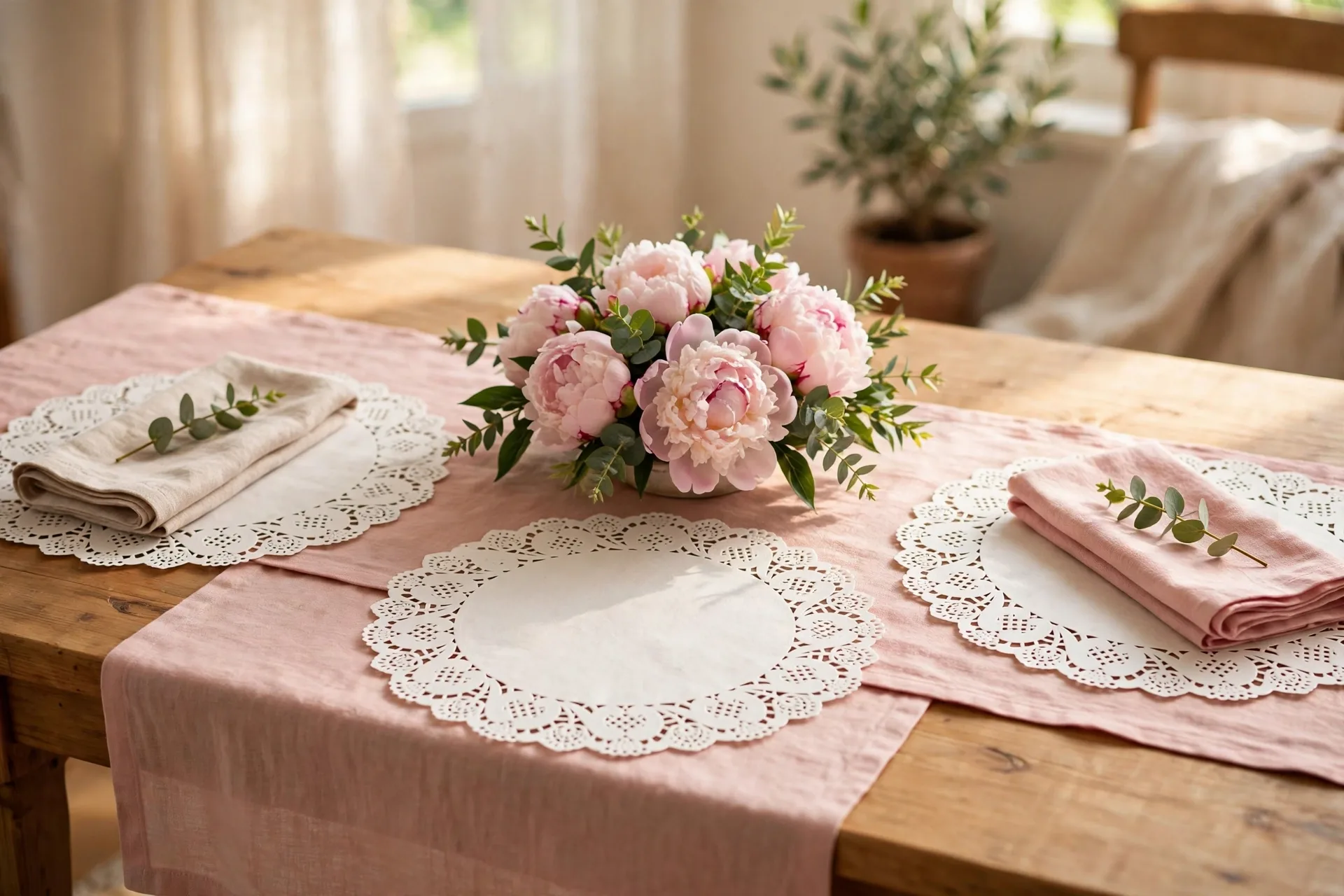 Blush runner with paper doily placemats and a low bouquet of peonies