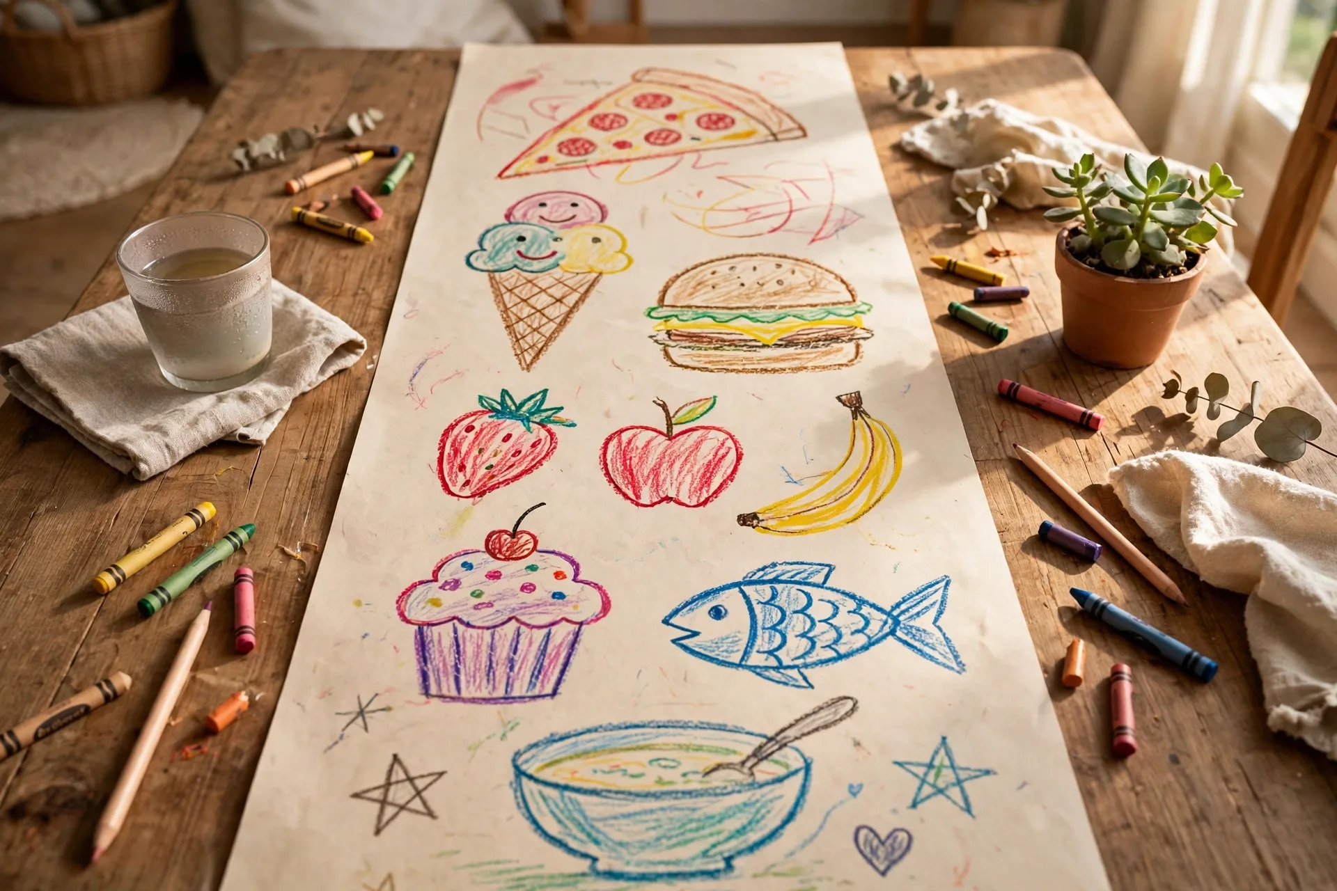 Kids hand-drawn menu on a big sheet of paper running down the table center