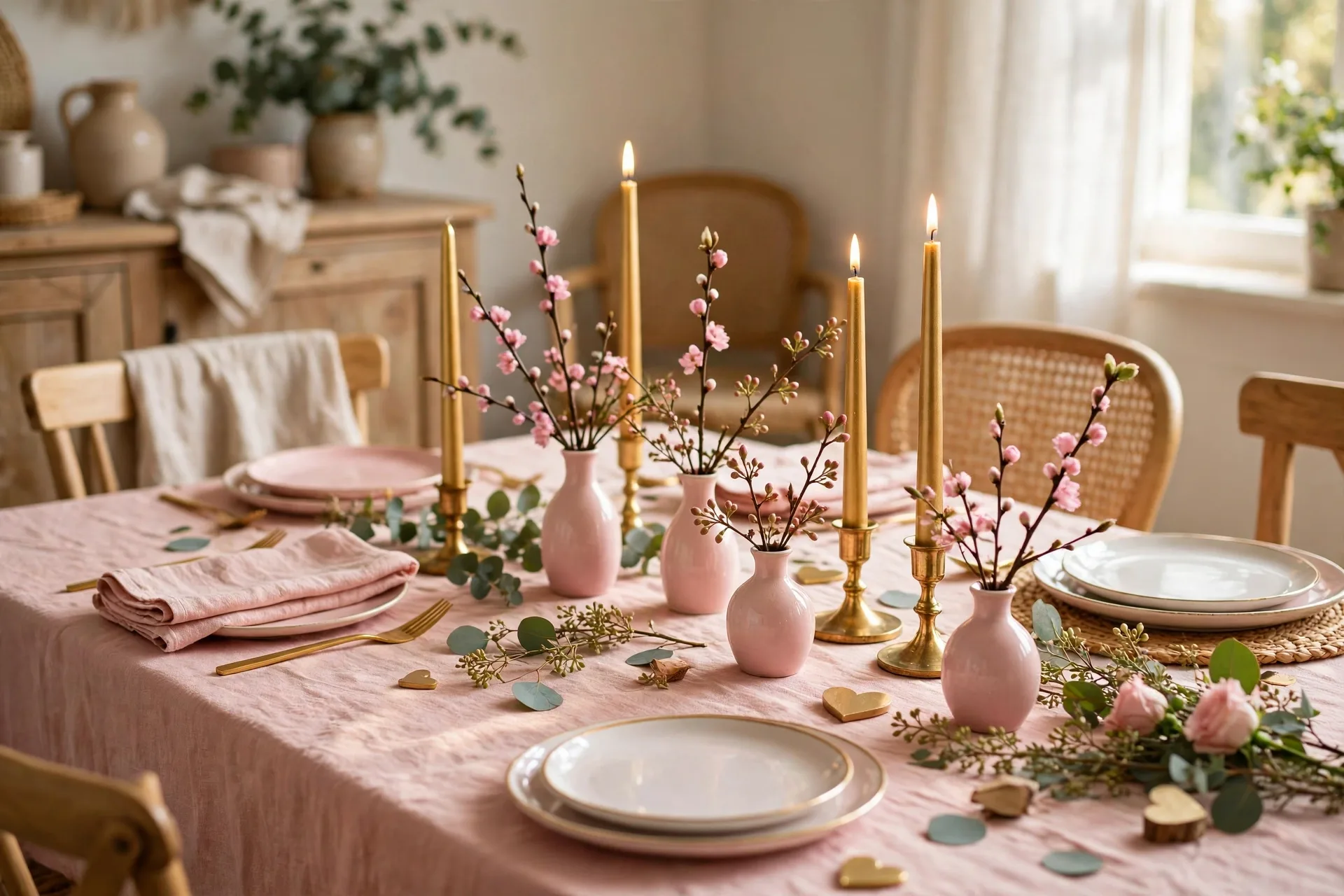 Blush and gold Valentine table with pink bud vases and taper candles