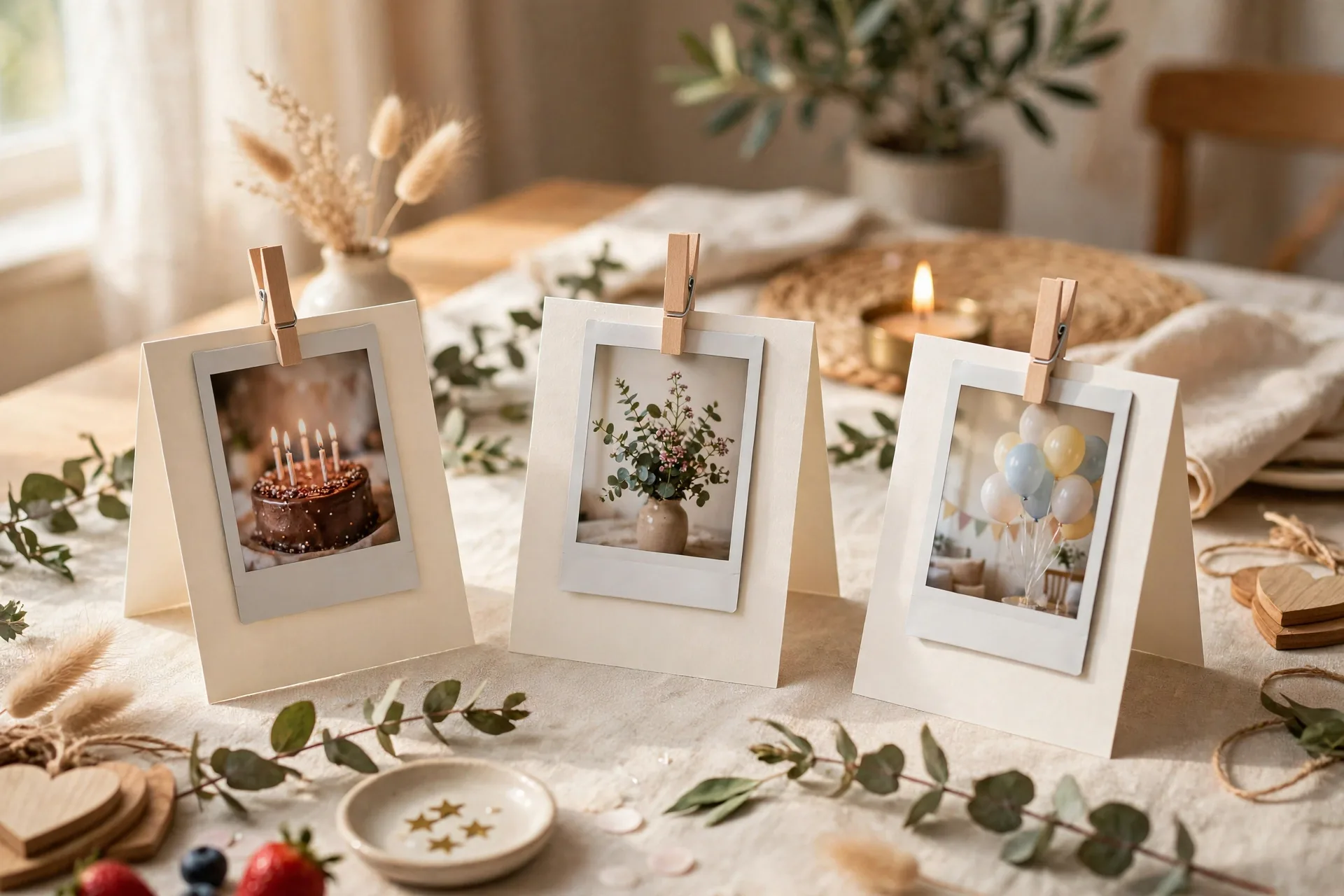 Instant photo place cards clipped to folded name cards at a birthday table