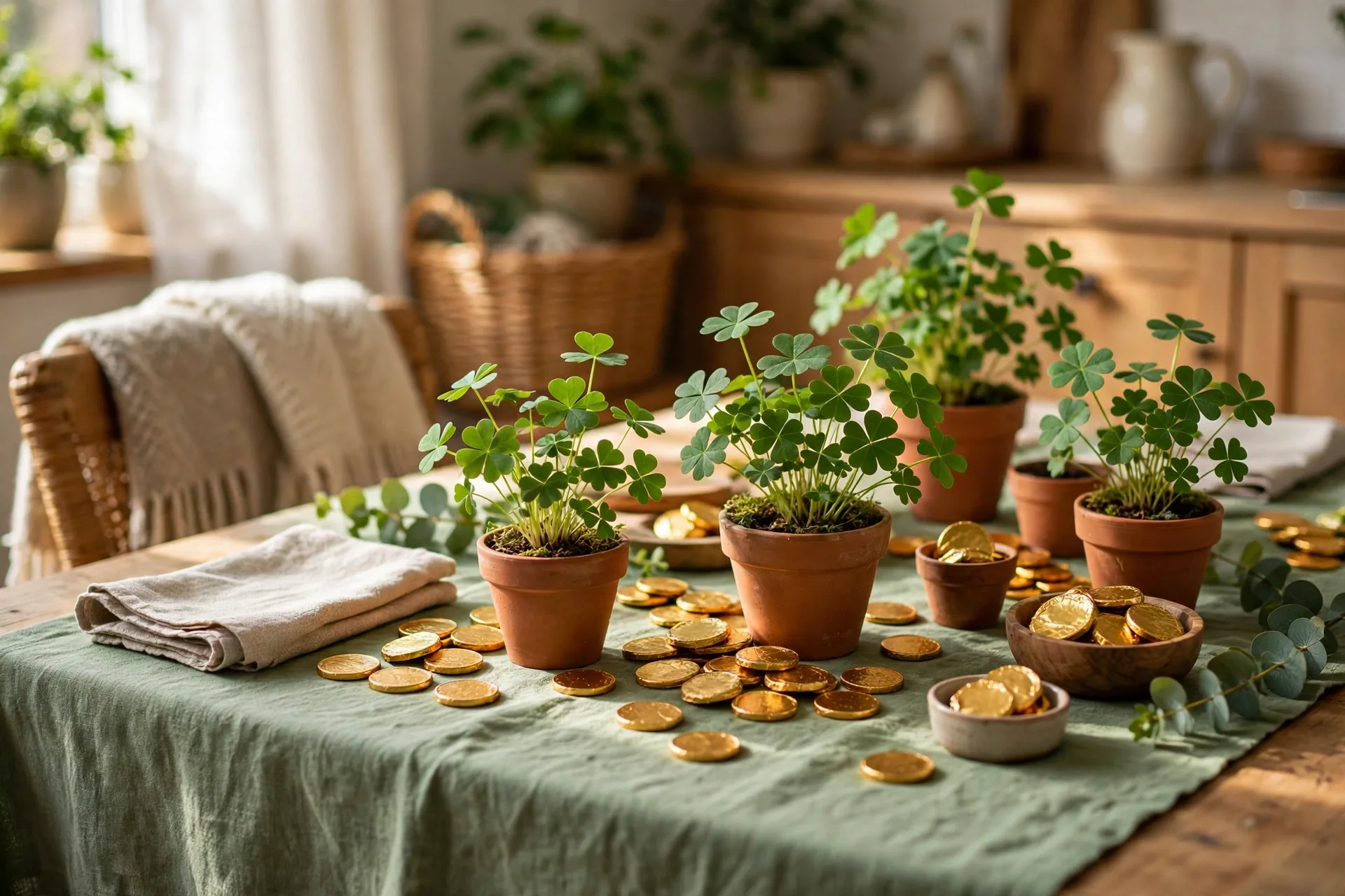 Green St Patricks Day table with potted shamrocks and chocolate gold coins