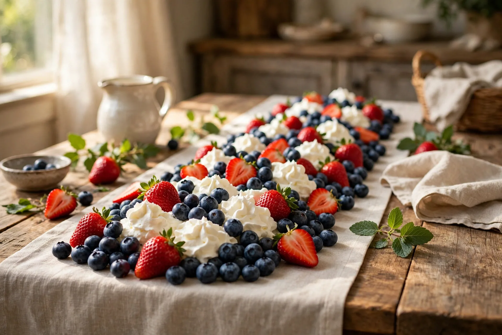 Red white and blue edible runner of blueberries strawberries and whipped cream