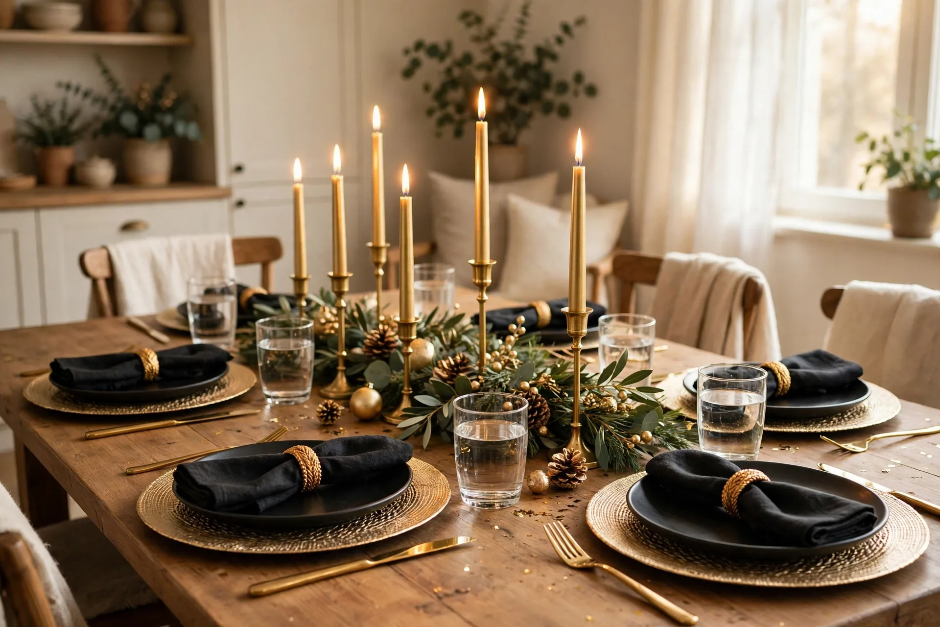 Black and gold New Years Eve table with gold chargers and taper candles