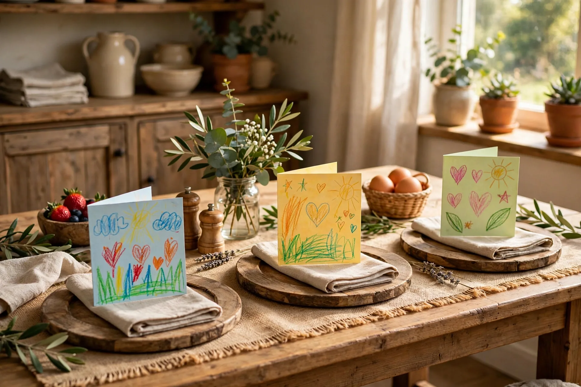 Rustic Fathers Day table with burlap runner wooden chargers and kids handmade cards